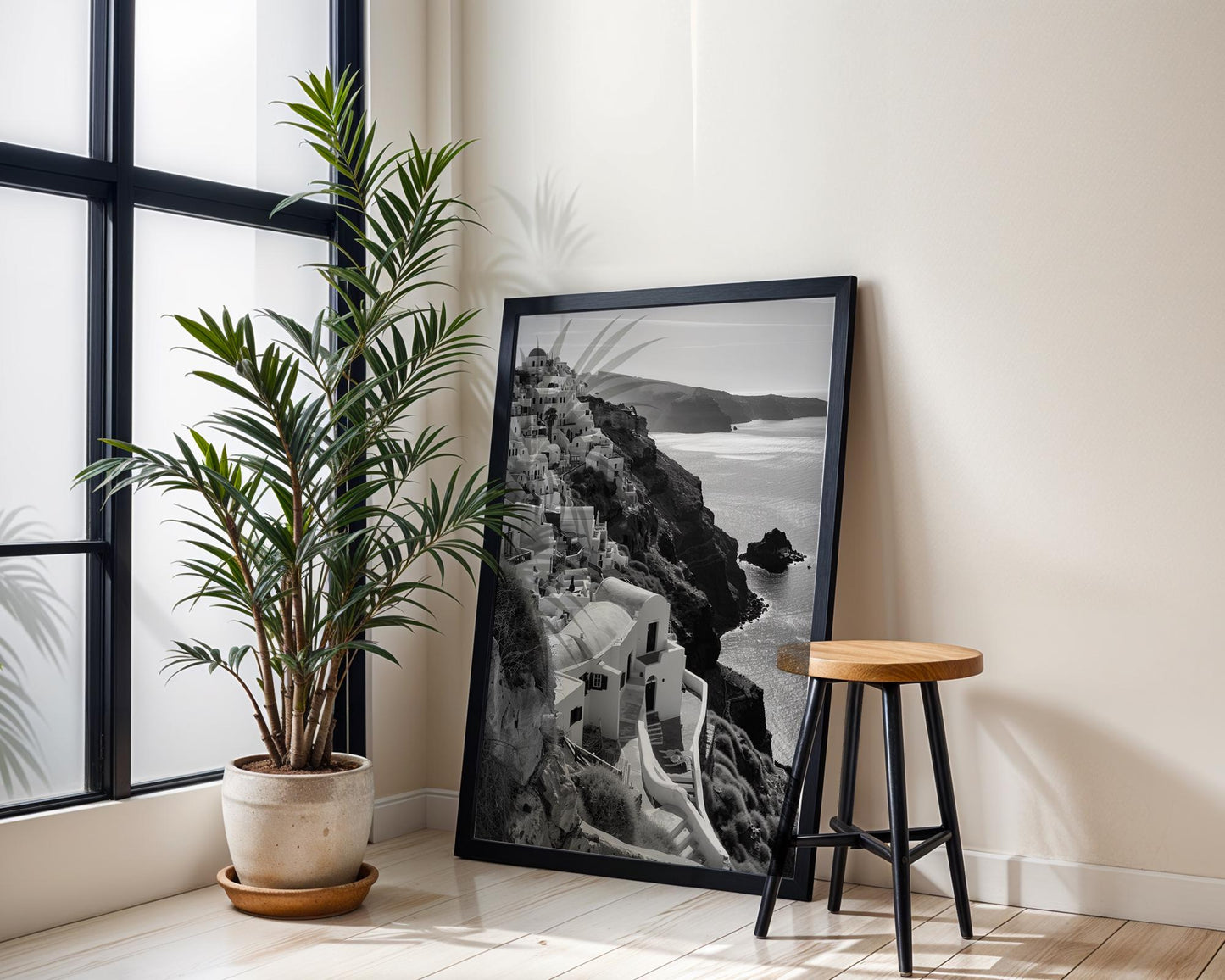 World Landmark | Santorini Greece Print | Black and White Cliffside Architecture wall art print, black and white architectural poster, minimalist modern Scandinavian wall decor, Monohaus