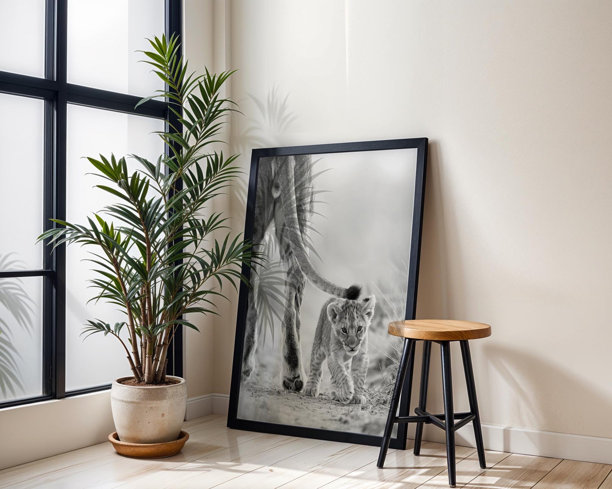 Wildlife Poster | Lion Cub and Mother Print | Minimalist Black & White Photography wall art print, minimalist black and white poster, modern Scandinavian wall decor, Monohaus