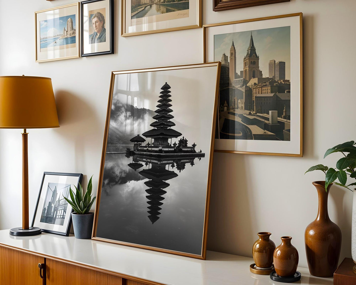 World Landmark | Ulun Danu Temple Print | Bali Lake Reflection, Black and White Asia Art wall art print, minimalist black and white poster, modern Scandinavian wall decor, Monohaus