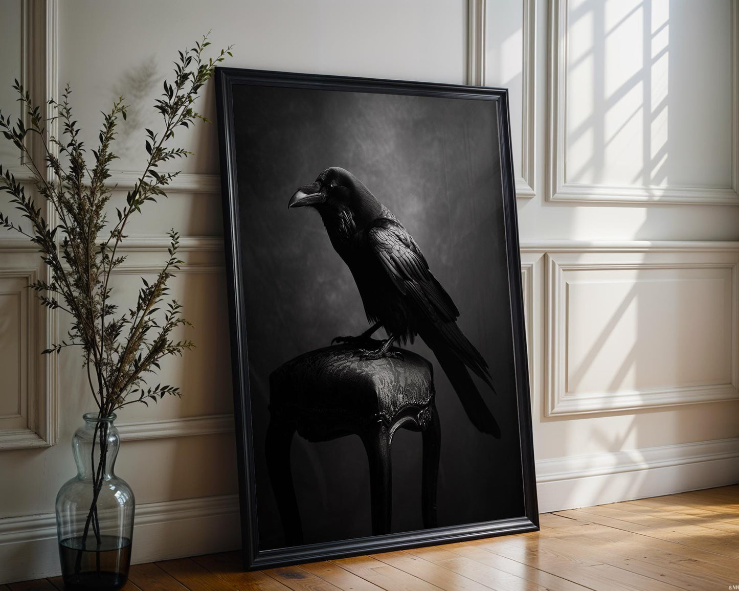 Raven on Antique Chair Art Print | Gothic Black and White Wall Decor wall art print, minimalist black and white poster, modern Scandinavian wall decor, Monohaus