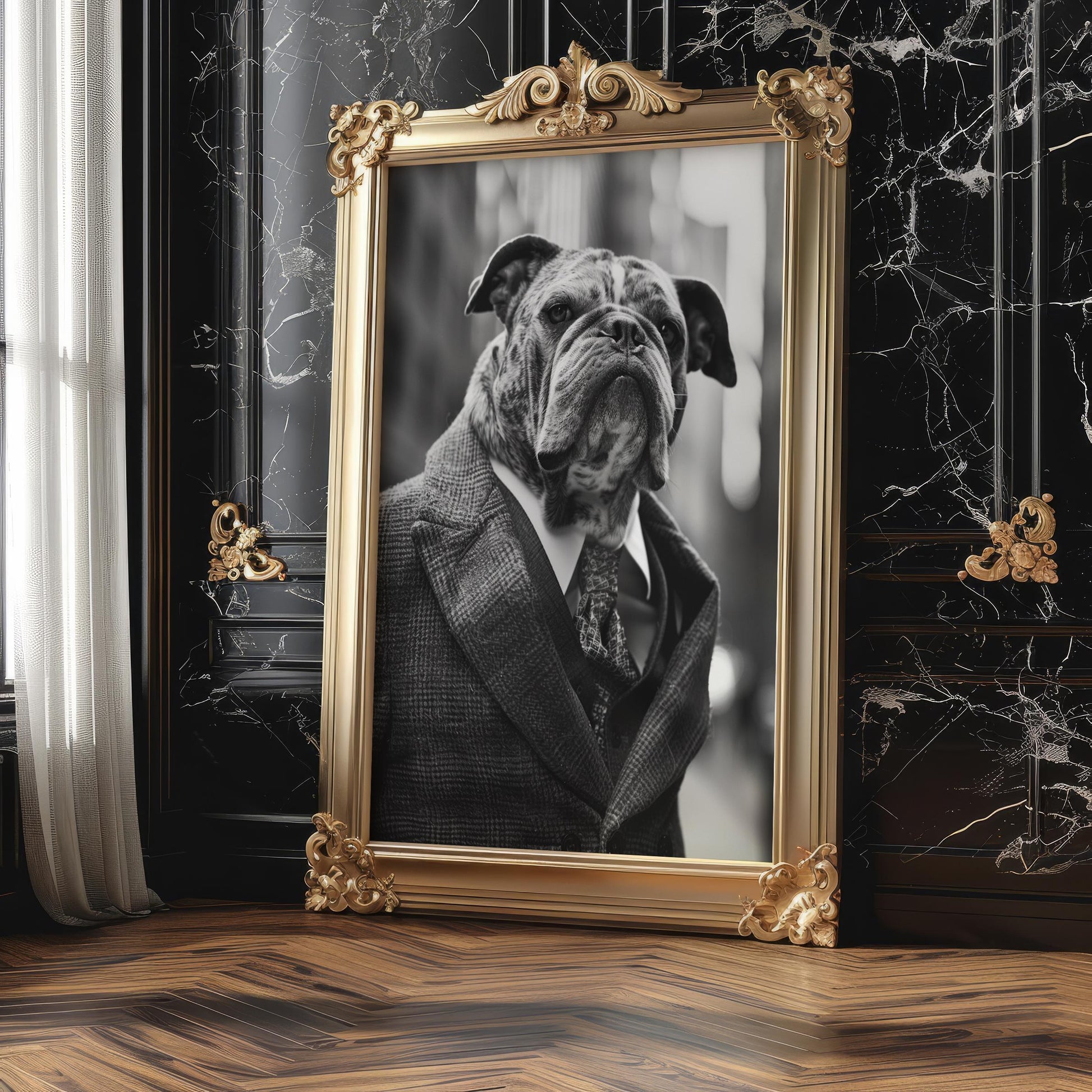 Dog Photography Brindle Bulldog in Tweed Coat Art Print | Dapper Pet Portrait wall art print, minimalist black and white poster, modern Scandinavian wall decor, Monohaus