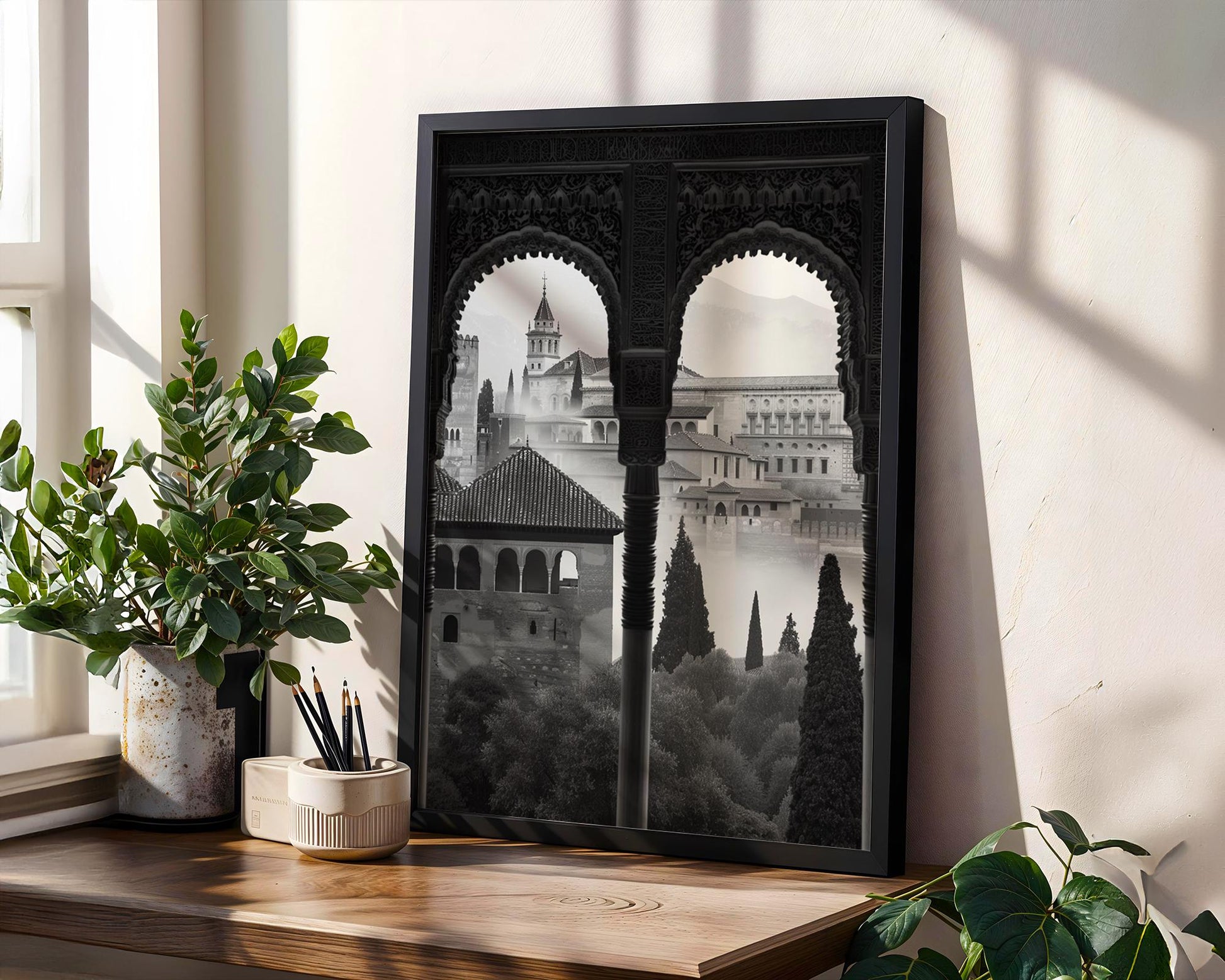 World Landmark | Alhambra Palace Arches Print | Moorish Architecture Photography wall art print, black and white architectural poster, minimalist modern Scandinavian wall decor, Monohaus
