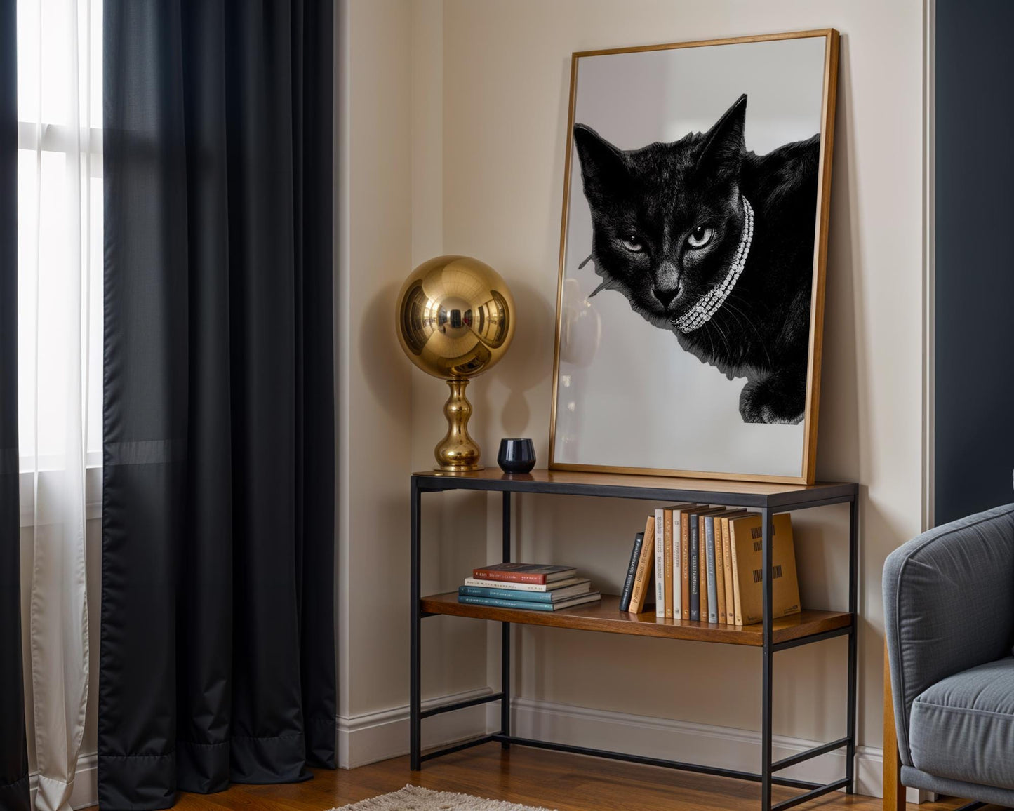 Designer Wall Art | Glam Black Cat Print | Diamond Collar, Minimalist Pet Portrait wall art print, minimalist black and white poster, modern Scandinavian wall decor, Monohaus