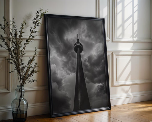 World Landmark | CN Tower Print | Dramatic Storm Clouds, Toronto Photography wall art print, black and white architectural poster, minimalist modern Scandinavian wall decor, Monohaus