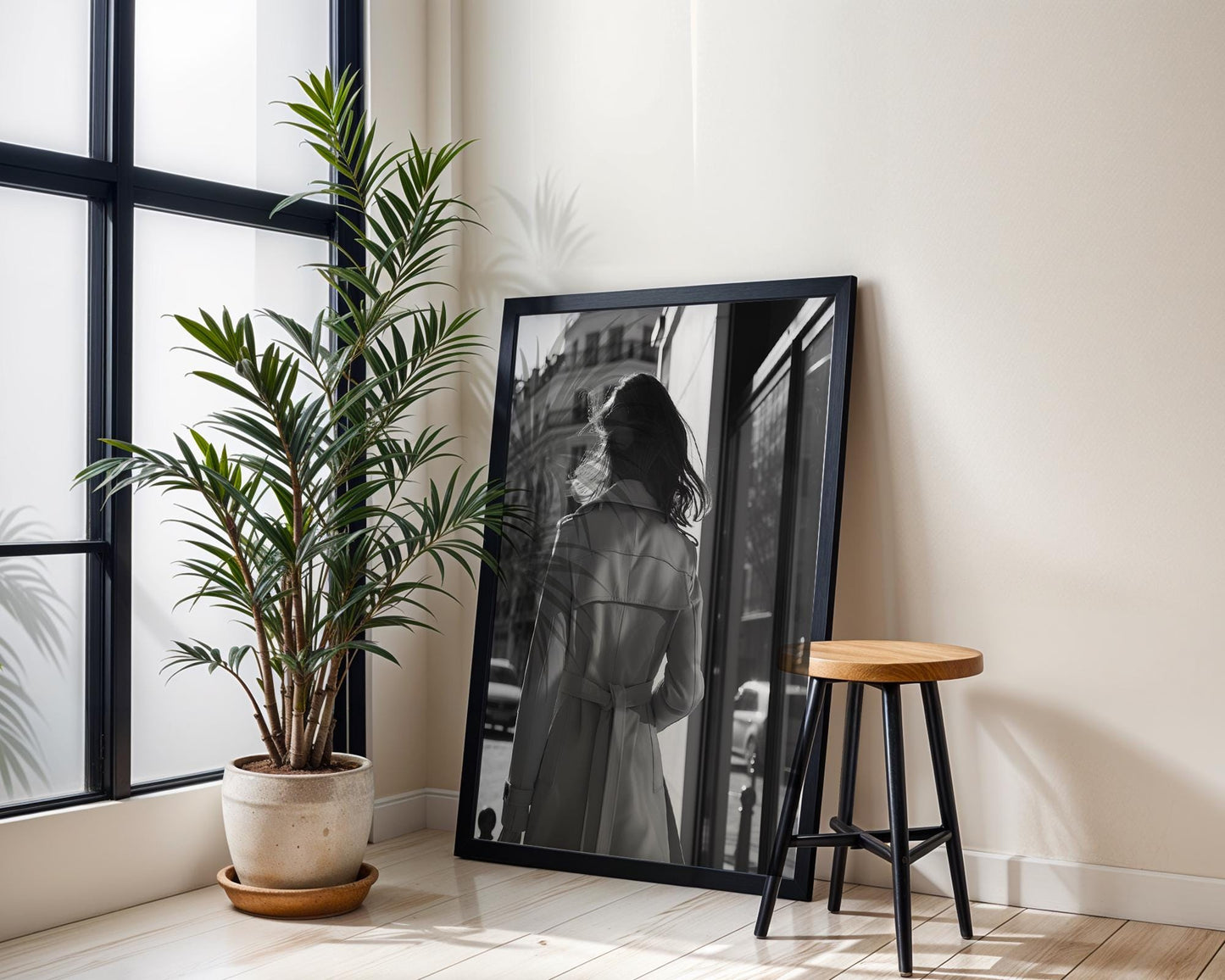 Minimal Wall Art Parisian Woman in Trench Coat Print | Modern Minimalist Home Decor wall art print, minimalist black and white poster, modern Scandinavian wall decor, Monohaus