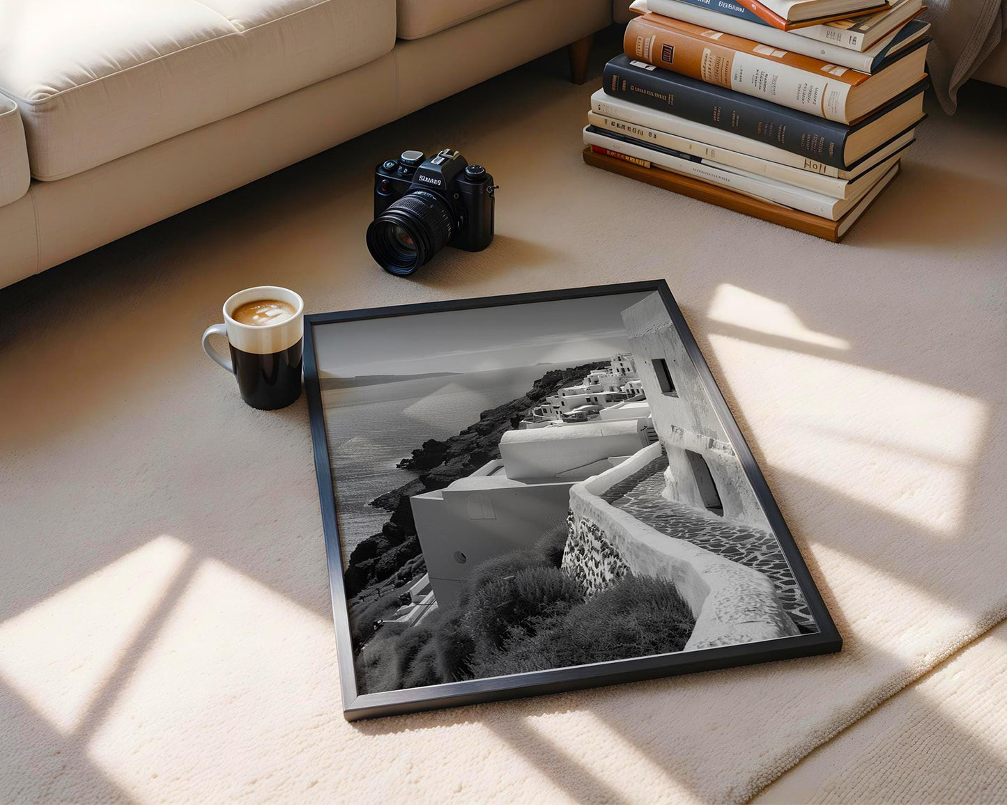 World Landmark | Santorini Black and White Print | Oia Cliffside Architecture Poster wall art print, black and white architectural poster, minimalist modern Scandinavian wall decor, Monohaus