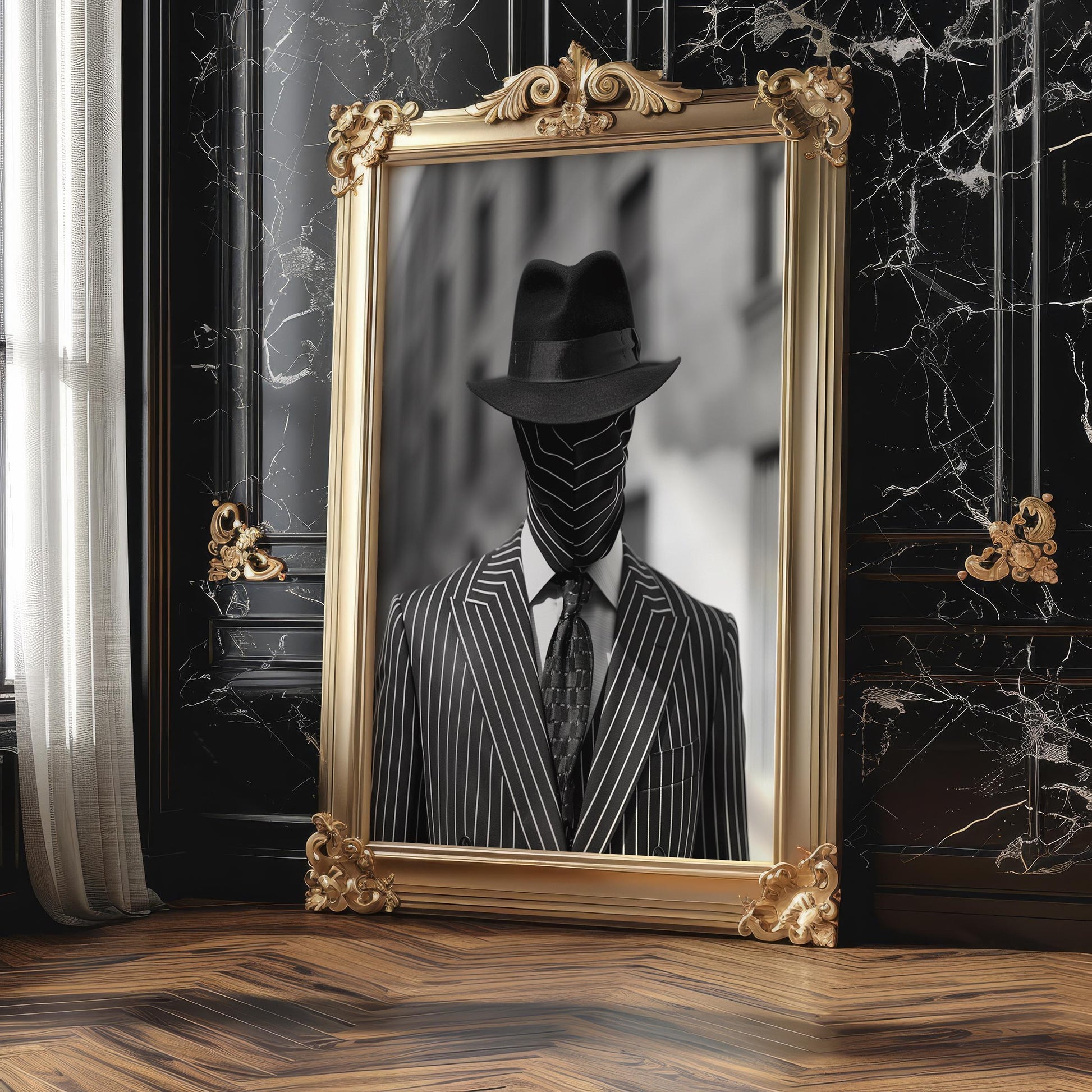 Minimal Wall Art Pinstripe Suit Man Portrait Black and White | Film Noir wall art print, minimalist black and white poster, modern Scandinavian wall decor, Monohaus