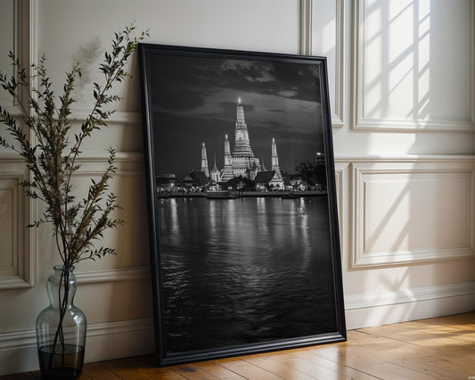 World Landmark | Wat Arun Temple Black and White Print | Bangkok Night Cityscape Wall Art