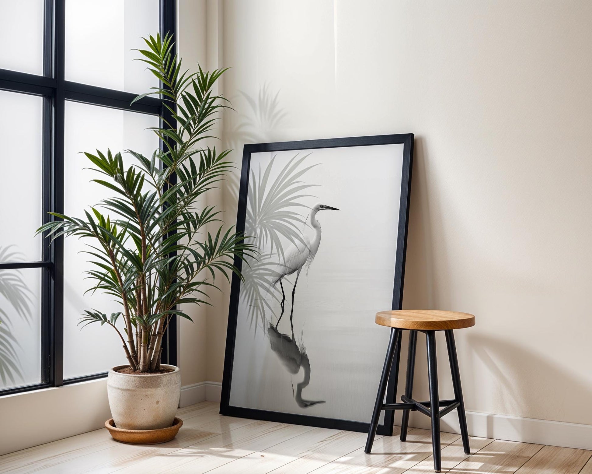 Wildlife Poster | White Heron Fine Art Print | Minimalist Bird Photography wall art print, minimalist black and white poster, modern Scandinavian wall decor, Monohaus