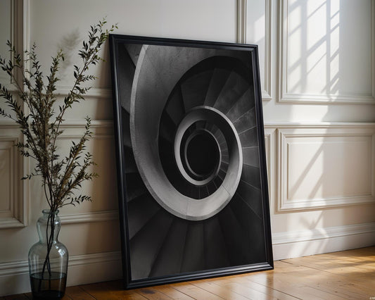 Minimal Wall Art | Black and White Spiral Staircase Photography | Architecture wall art print, black and white architectural poster, minimalist modern Scandinavian wall decor, Monohaus
