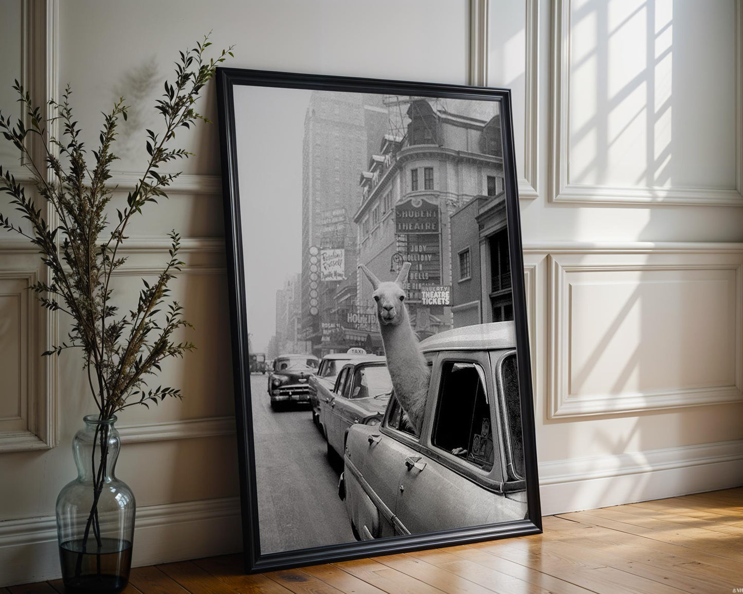 Designer Wall Art | Funny Llama in Car Print | Black and White City Photography wall art print, black and white architectural poster, minimalist modern Scandinavian wall decor, Monohaus