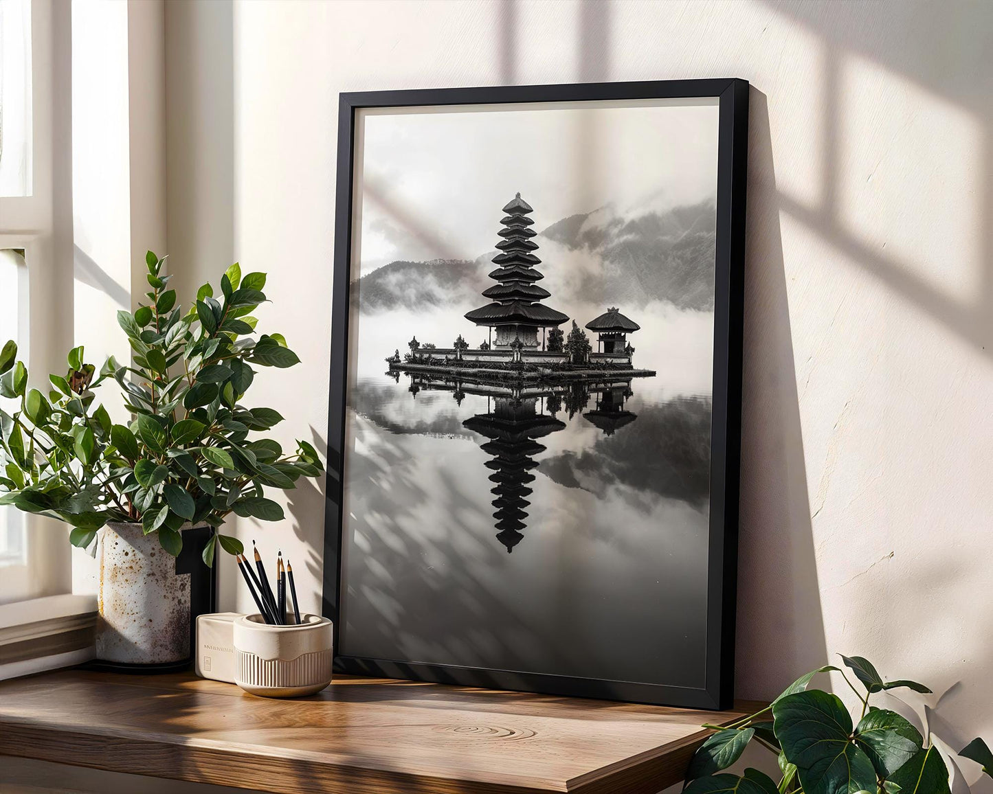 World Landmark | Ulun Danu Temple Bali Print | Black and White Asian Photography wall art print, minimalist black and white poster, modern Scandinavian wall decor, Monohaus