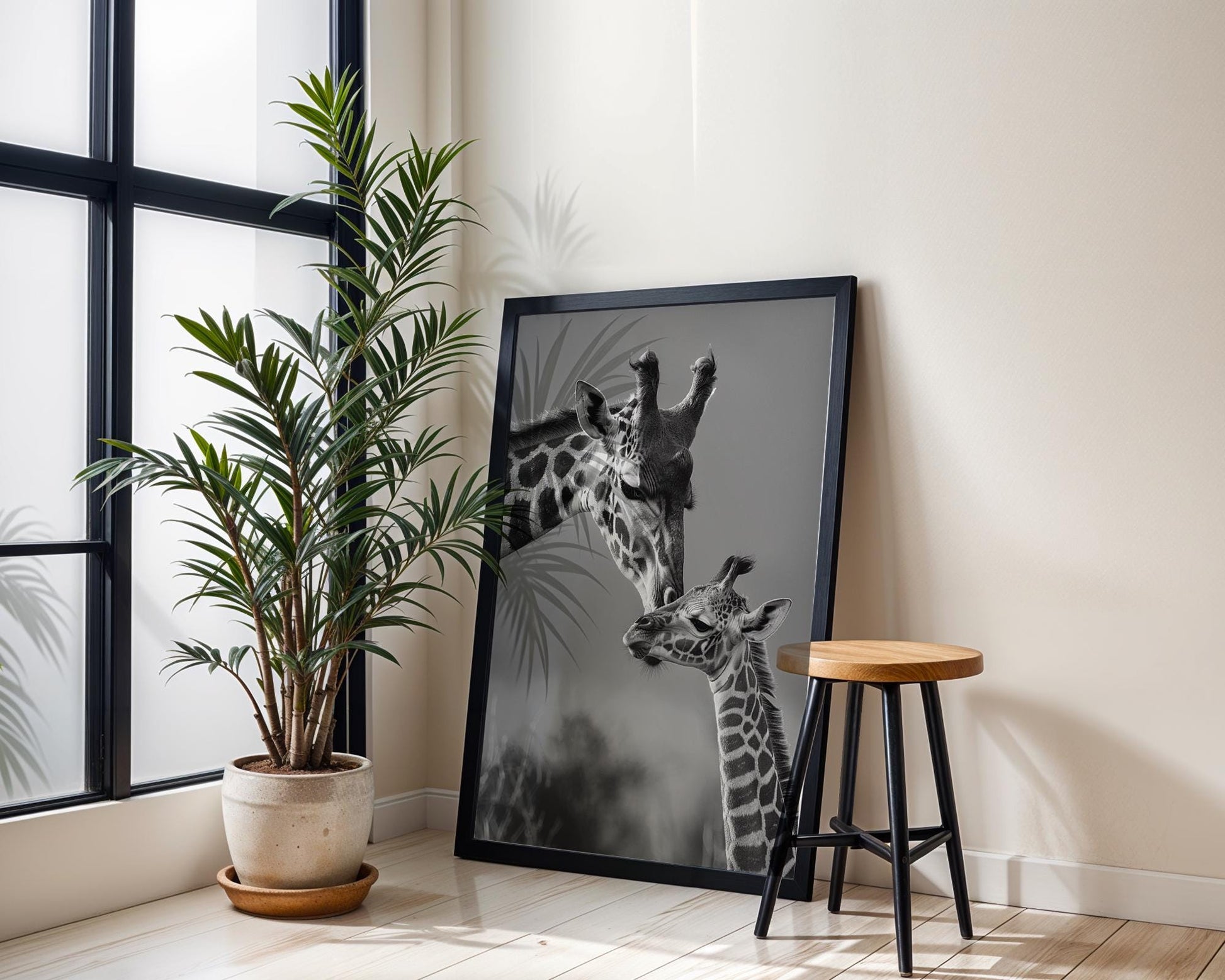 Wildlife Poster | Giraffe Mother & Calf Print • Minimalist Black and White Safari Wall Art wall art print, minimalist black and white poster, modern Scandinavian wall decor, Monohaus