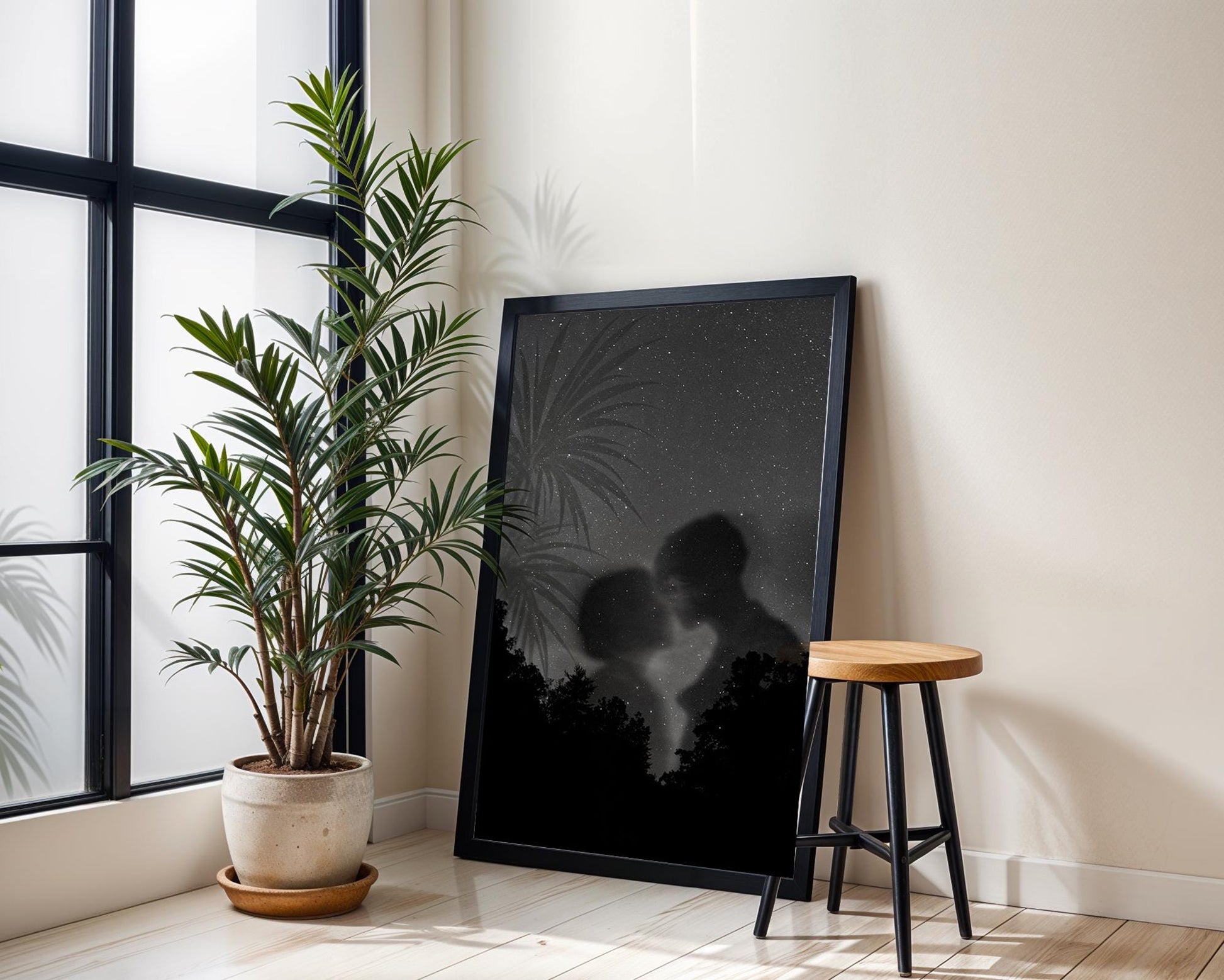 Designer Wall Art | Starry Night Lovers Print | Minimalist Black and White Photography wall art print, minimalist black and white poster, modern Scandinavian wall decor, Monohaus
