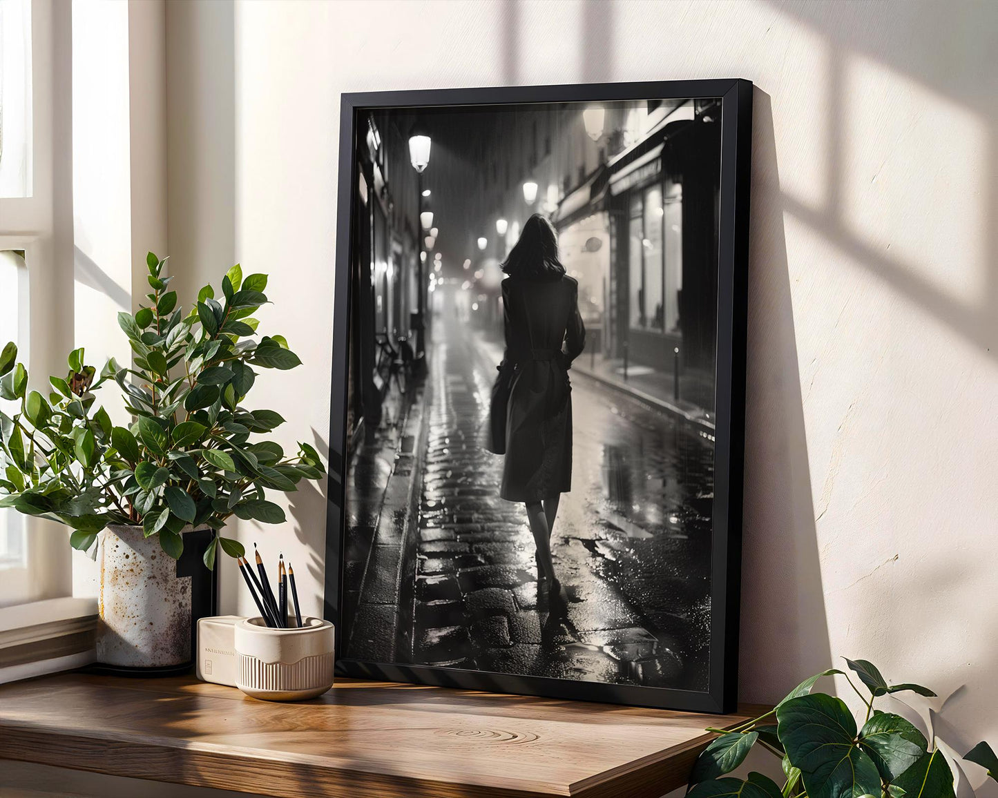 Paris Noir Photography Print | Woman Walking, Urban Night Scene black and white photo print, minimalist monochrome wall art poster for modern interiors, Monohaus