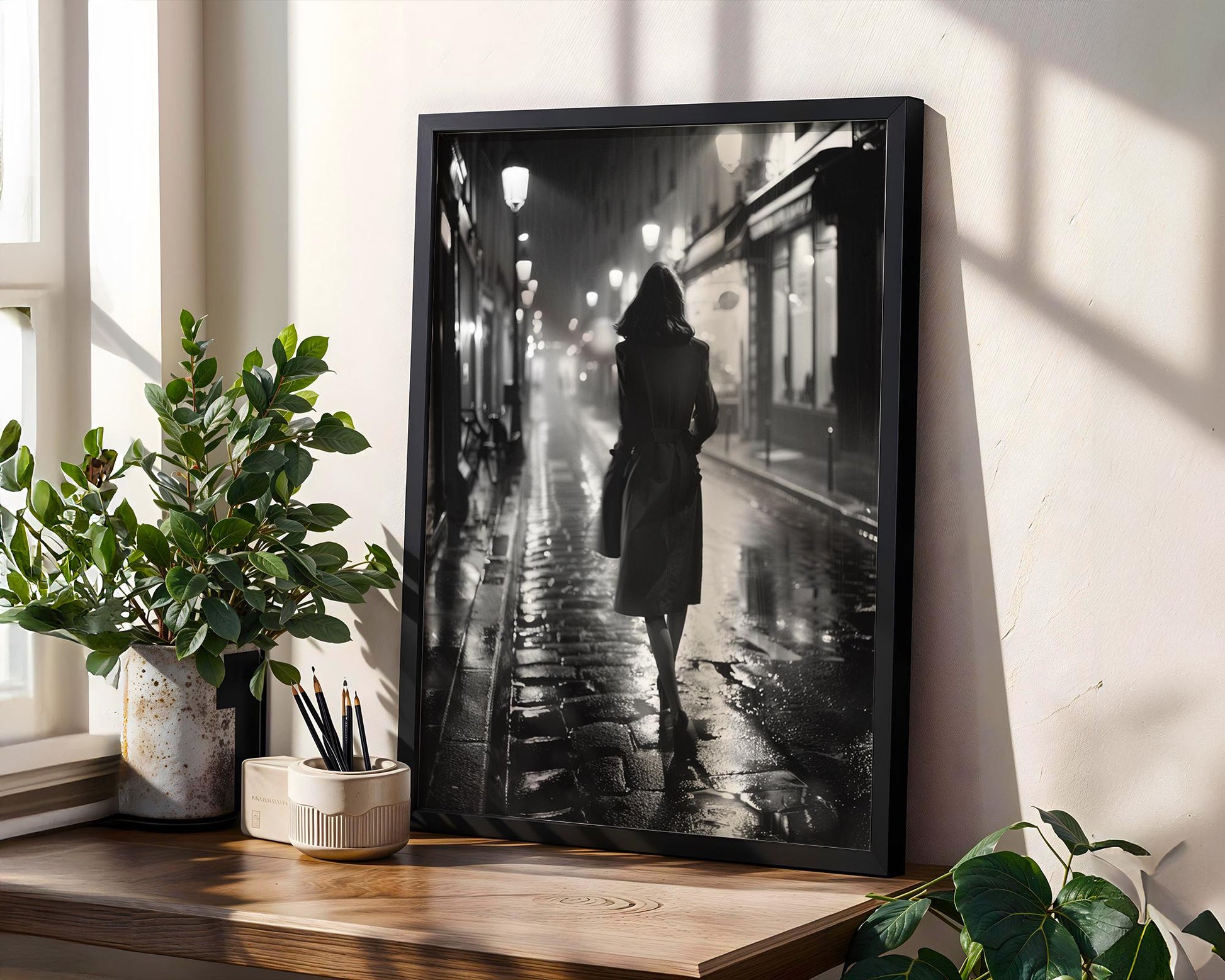 Paris Noir Photography Print | Woman Walking, Urban Night Scene black and white photo print, minimalist monochrome wall art poster for modern interiors, Monohaus
