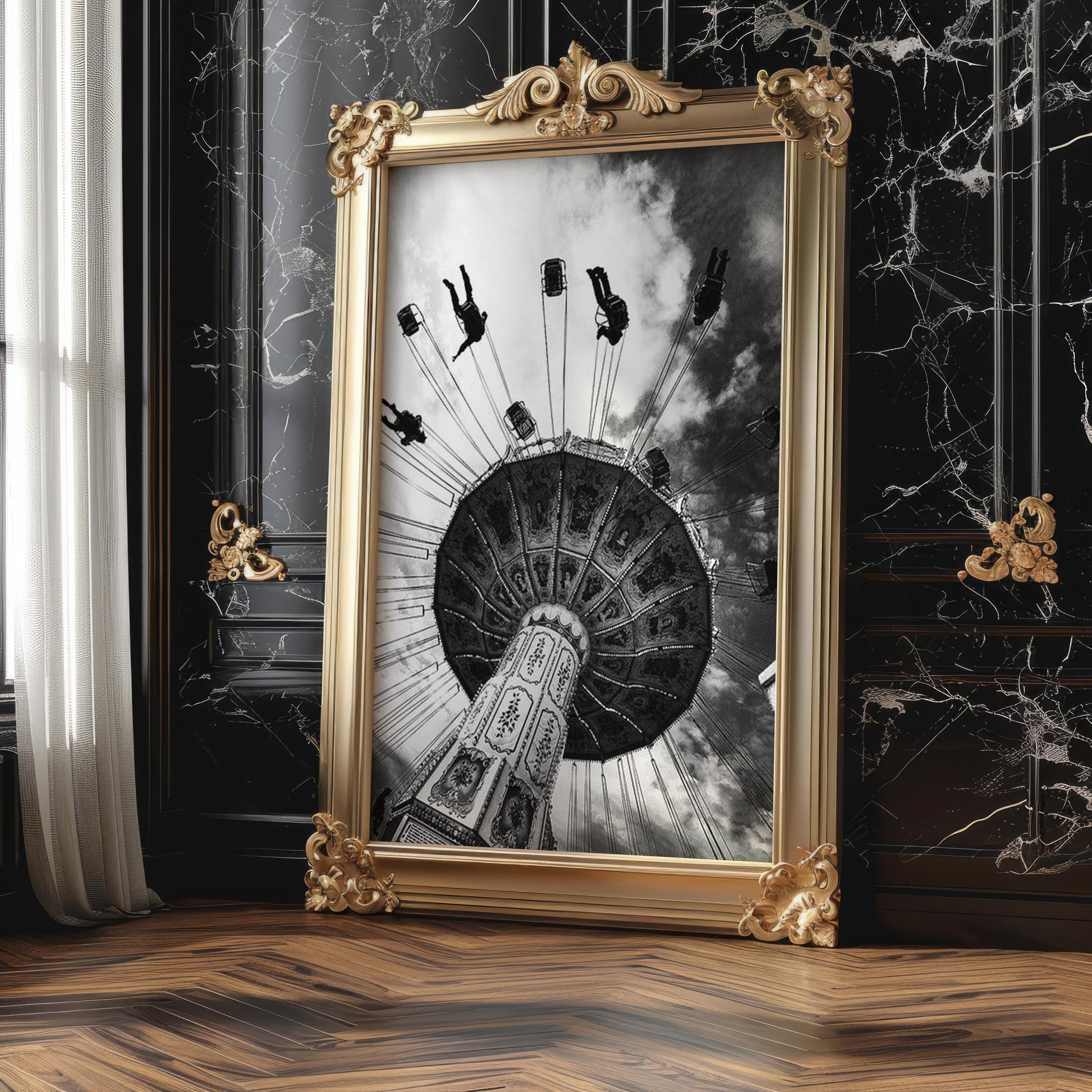 Designer Wall Art | Black and White Swing Ride Photo | Vintage Carnival Art Print wall art print, minimalist black and white poster, modern Scandinavian wall decor, Monohaus