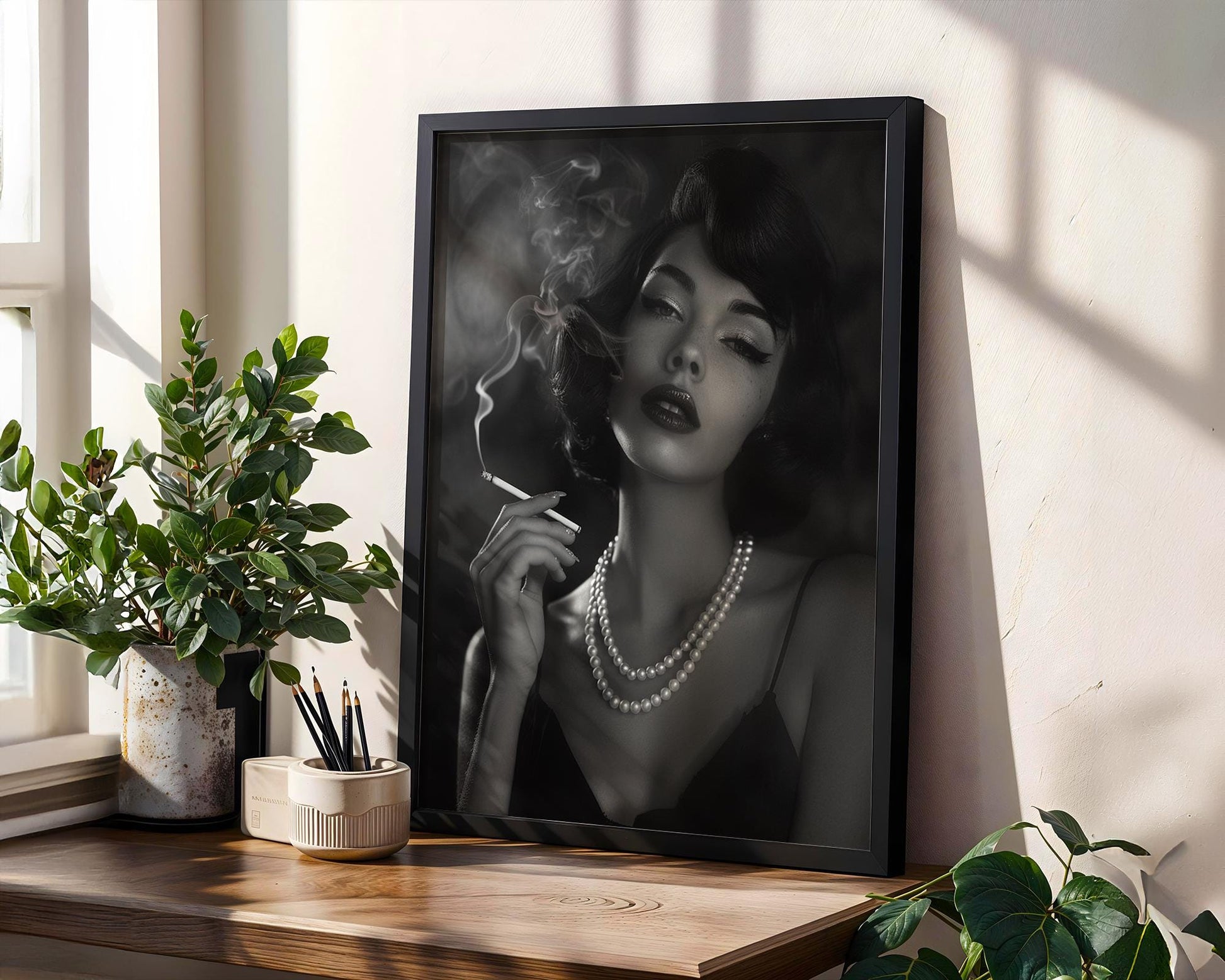 Minimal Wall Art Vintage Film Noir Woman Smoking | Black & White 1950s Fashion wall art print, minimalist black and white poster, modern Scandinavian wall decor, Monohaus