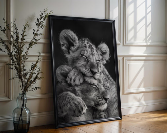 Wildlife Poster | Lion Cubs Sleeping Photography Print • Black & White Scandi Wall Art wall art print, minimalist black and white poster, modern Scandinavian wall decor, Monohaus