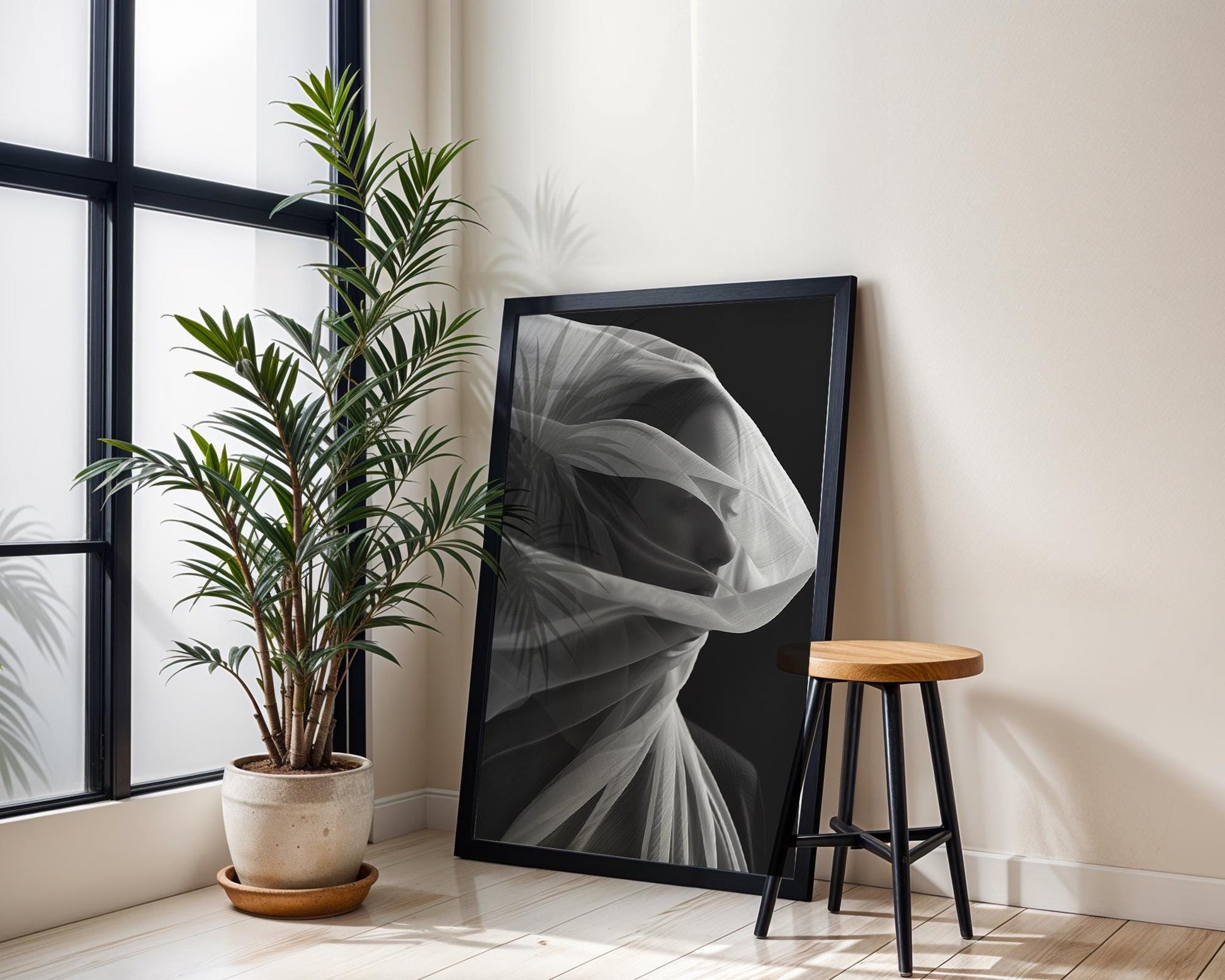Minimal Wall Art Ethereal Veiled Portrait Art Print | Black and White Photography wall art print, minimalist black and white poster, modern Scandinavian wall decor, Monohaus