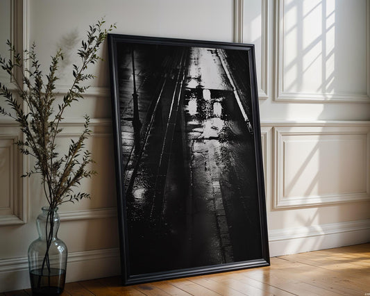 Urban Photography | Wet City Street Photography Print | Dark Academia Minimalist Decor wall art print, black and white architectural poster, minimalist modern Scandinavian wall decor, Monohaus