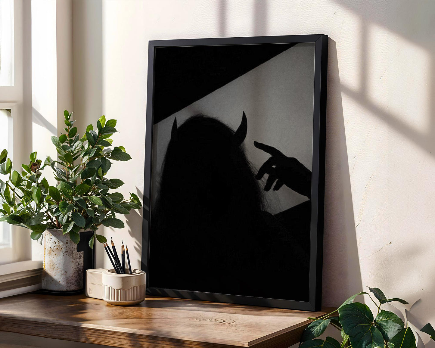 Devil Horns Shadow Print | Gothic Monochrome Wall Art wall art print, minimalist black and white poster, modern Scandinavian wall decor, Monohaus