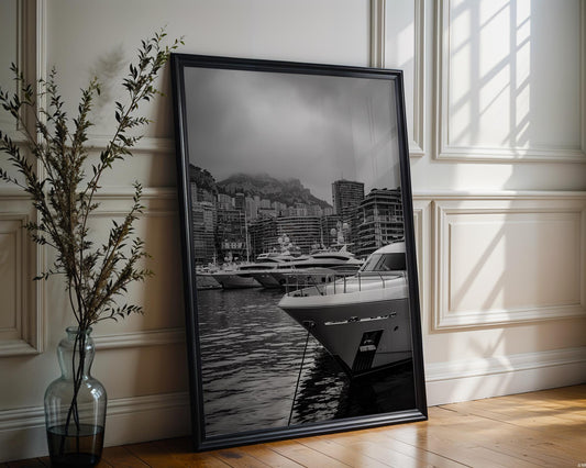 World Landmark | Monaco Harbor Black and White Photography Print | Modern Yacht Marina Art