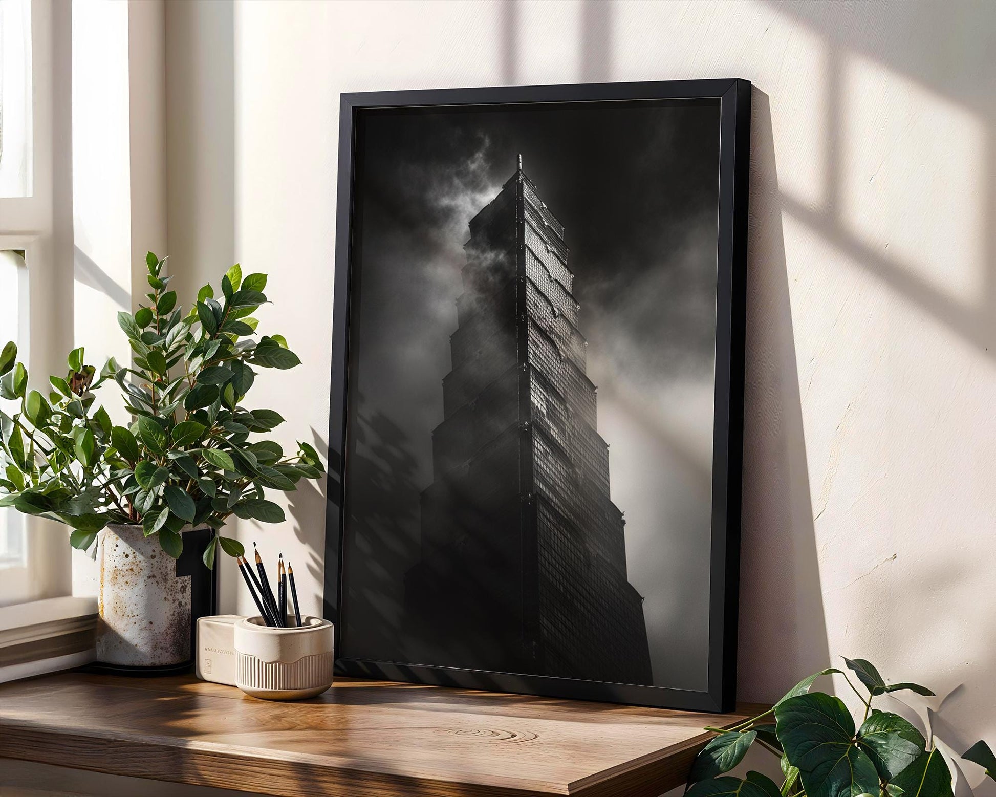 World Landmark | Taipei 101 Print | Foggy Taiwan Tower Black and White Photography wall art print, black and white architectural poster, minimalist modern Scandinavian wall decor, Monohaus