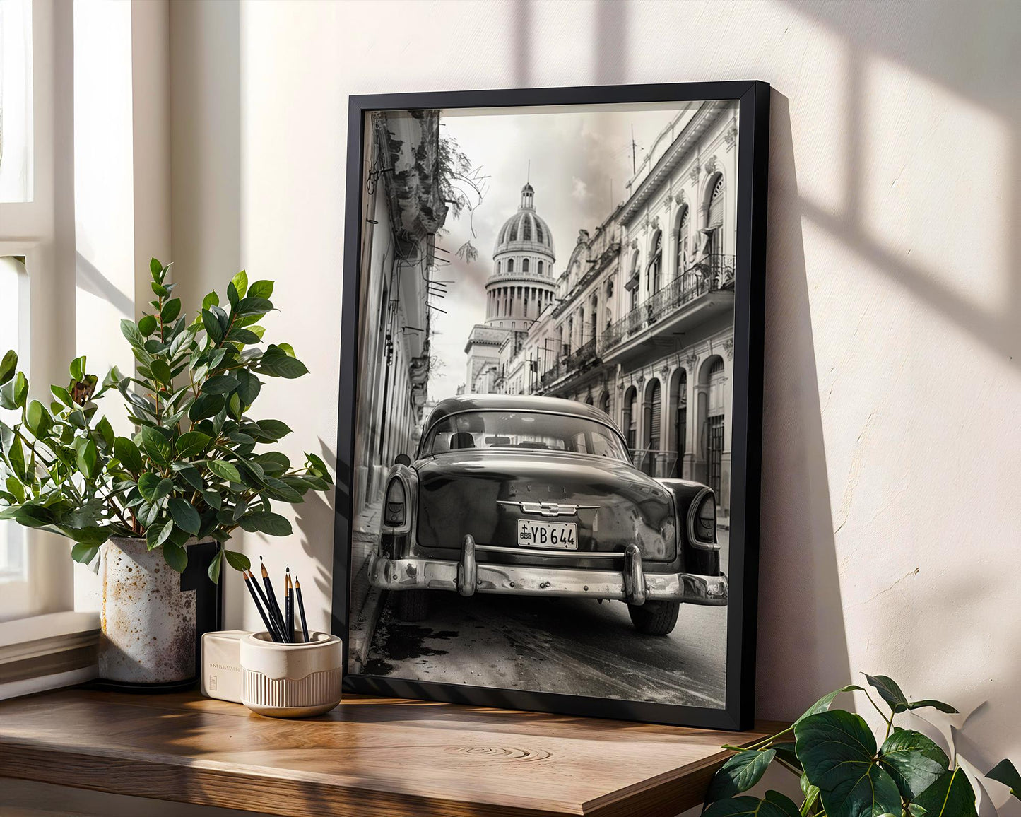 World Landmark | Havana Cuba Capitol & Classic Car Black and White Photography Print
