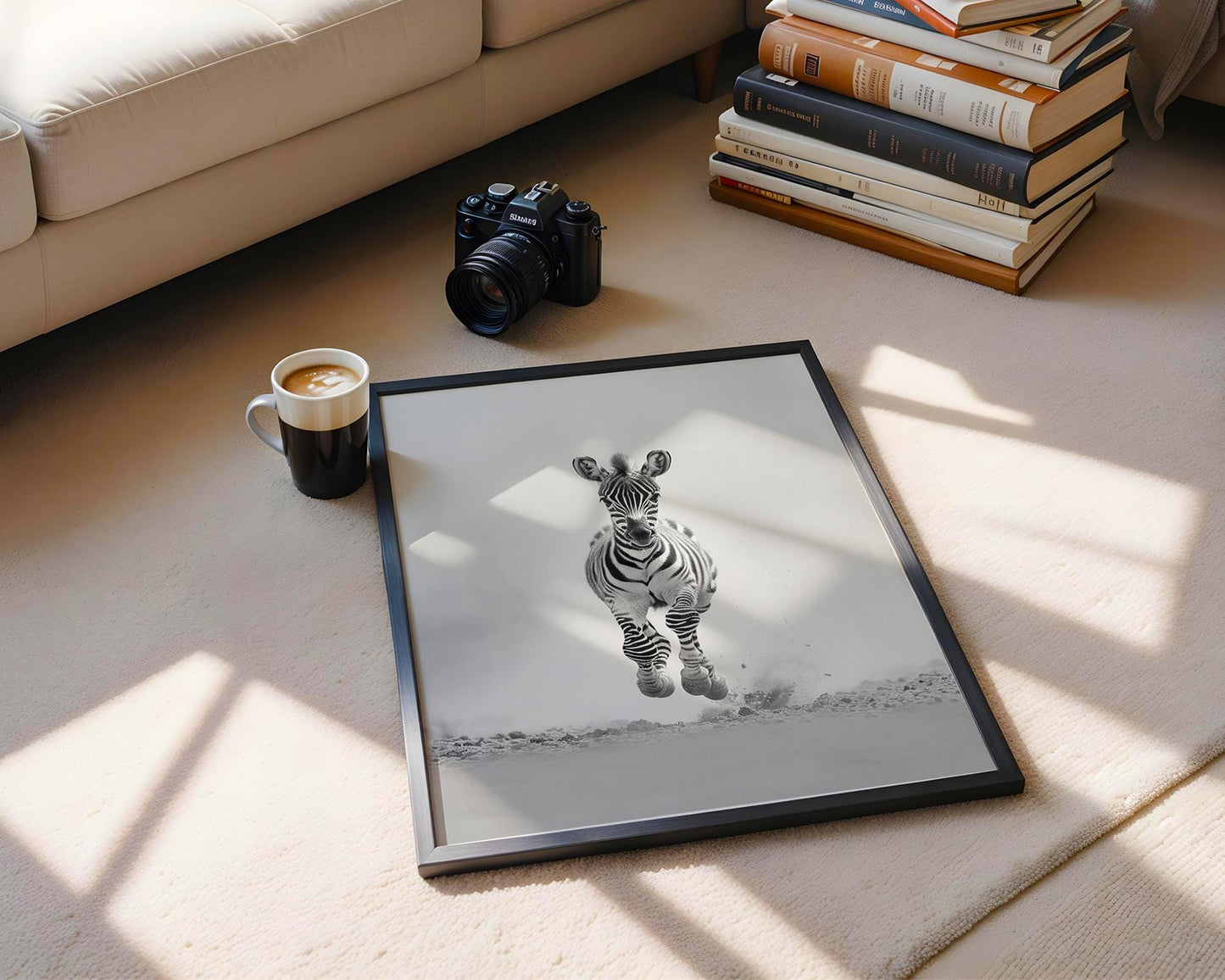 Wildlife Poster | Running Zebra Foal Print • Black & White Minimalist Safari Photography wall art print, minimalist black and white poster, modern Scandinavian wall decor, Monohaus