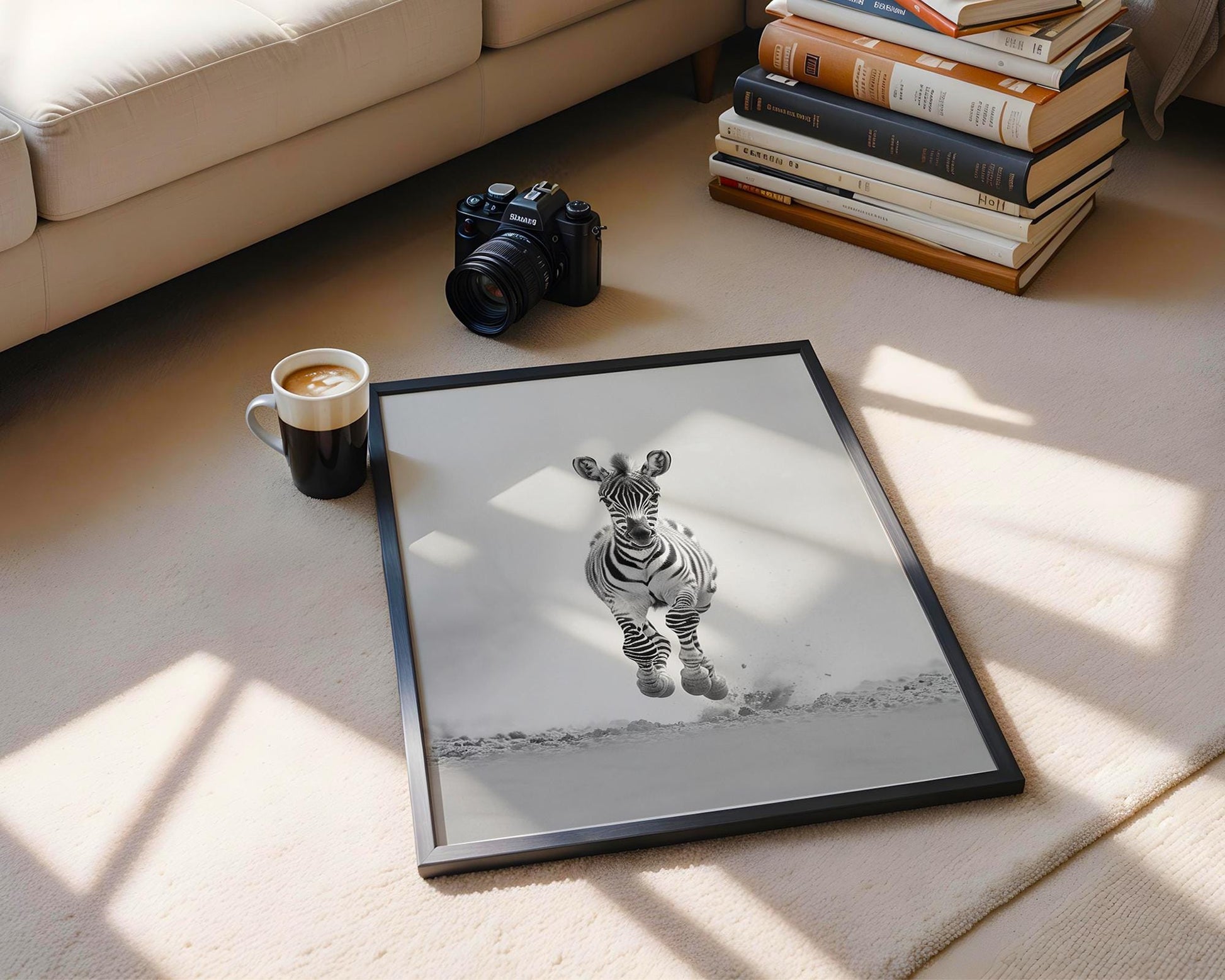 Wildlife Poster | Running Zebra Foal Print • Black & White Minimalist Safari Photography wall art print, minimalist black and white poster, modern Scandinavian wall decor, Monohaus