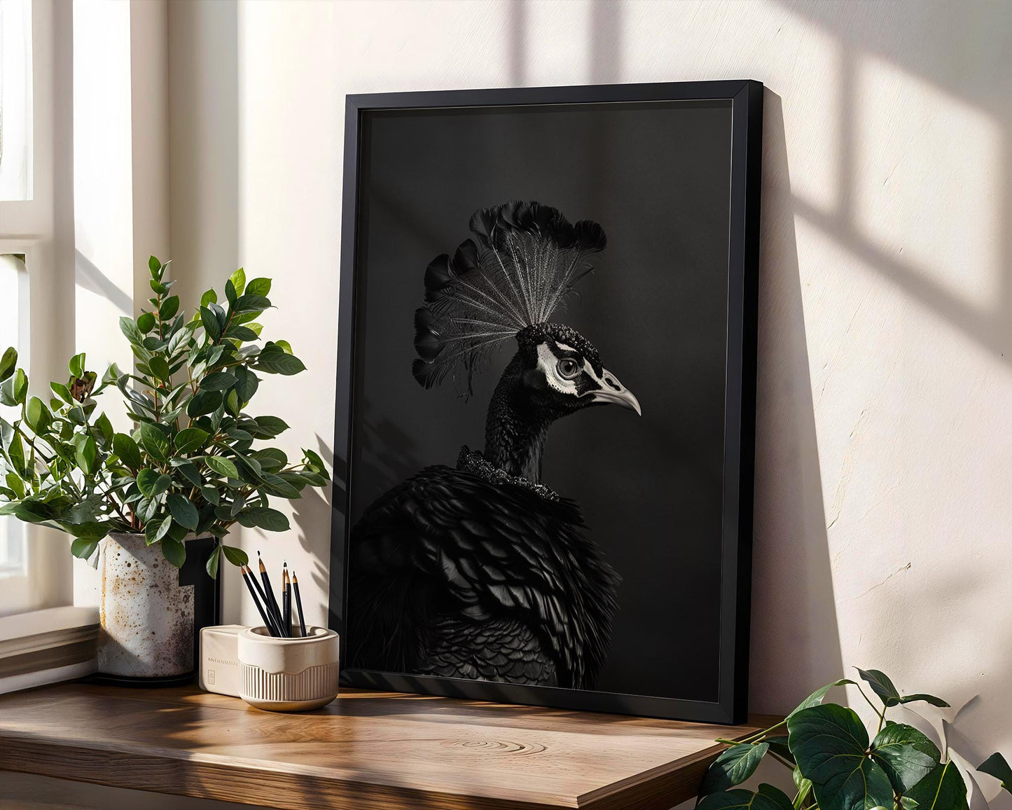 Designer Wall Art | Minimalist Peacock Portrait | Black and White Fine Art Print wall art print, minimalist black and white poster, modern Scandinavian wall decor, Monohaus