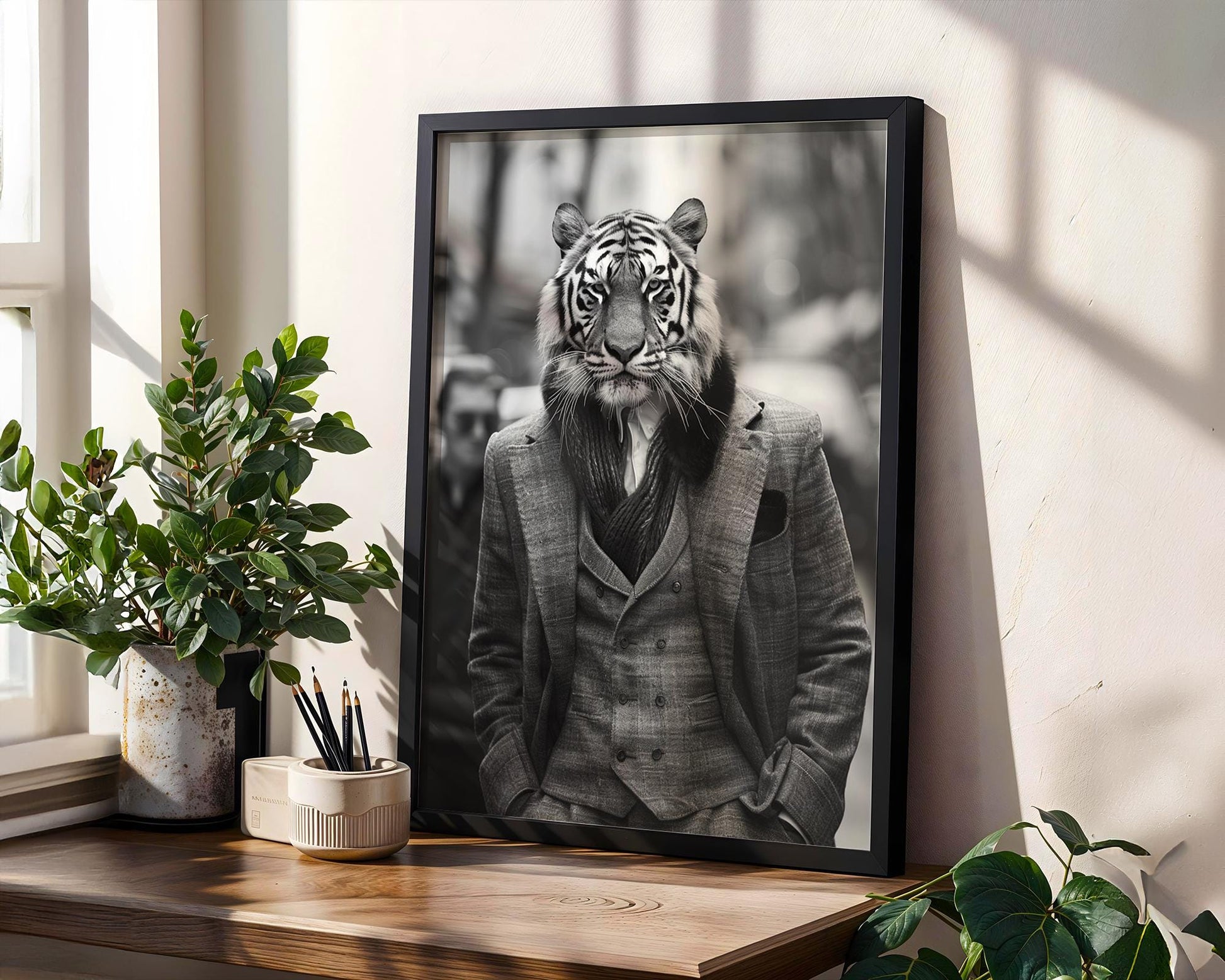 Designer Wall Art | Tiger Portrait in Formal Wear | Black and White Animal Print wall art print, minimalist black and white poster, modern Scandinavian wall decor, Monohaus
