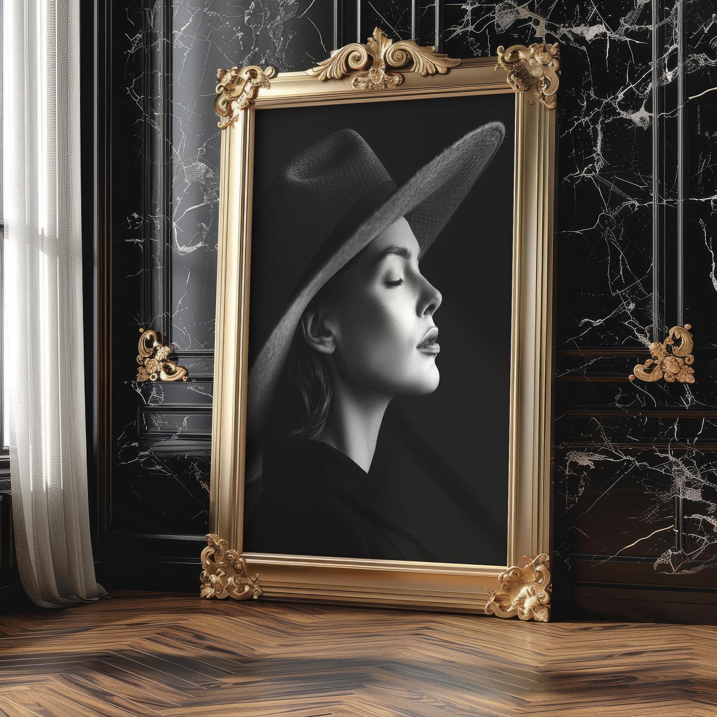 Minimal Wall Art Woman in Hat Art Print | Serene Fashion Portrait wall art print, minimalist black and white poster, modern Scandinavian wall decor, Monohaus