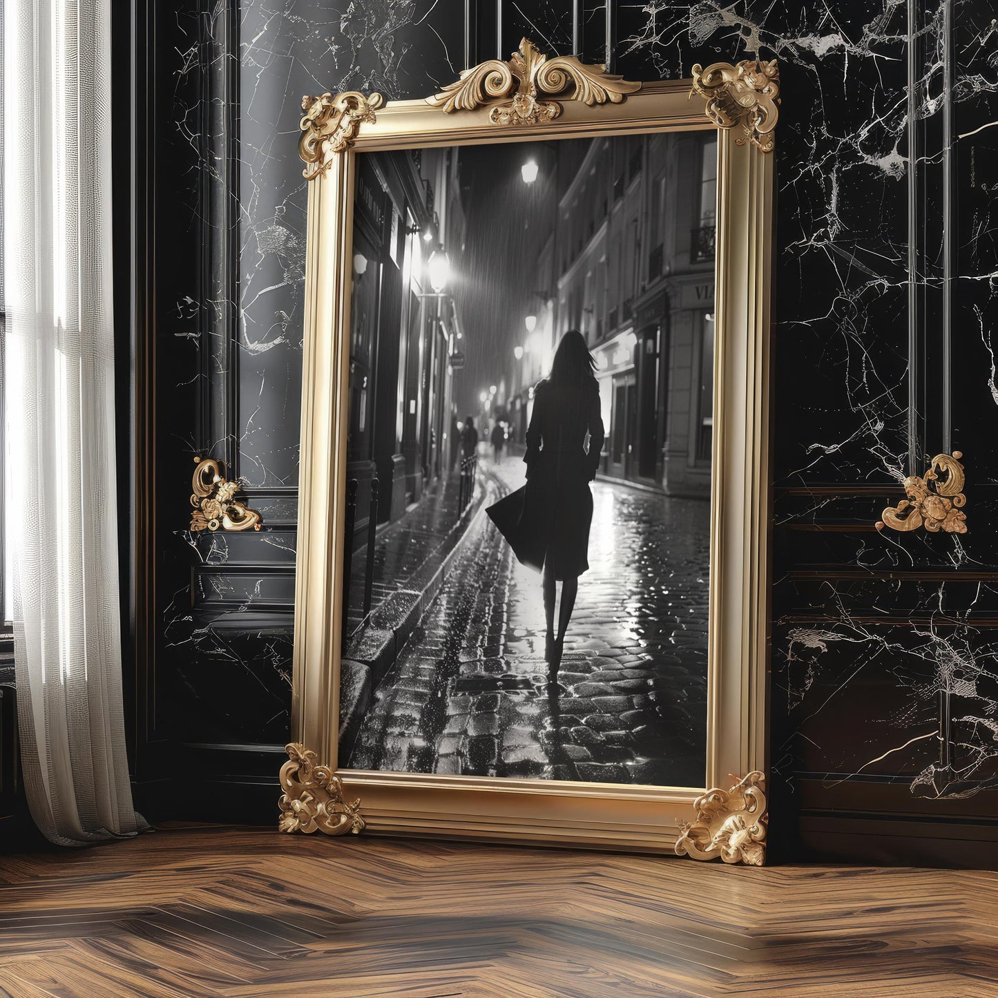 Urban Photography | Paris Street Photography Print | Noir Fine Art, Woman Walking at Night black and white photo print, minimalist monochrome wall art poster for modern interiors, Monohaus