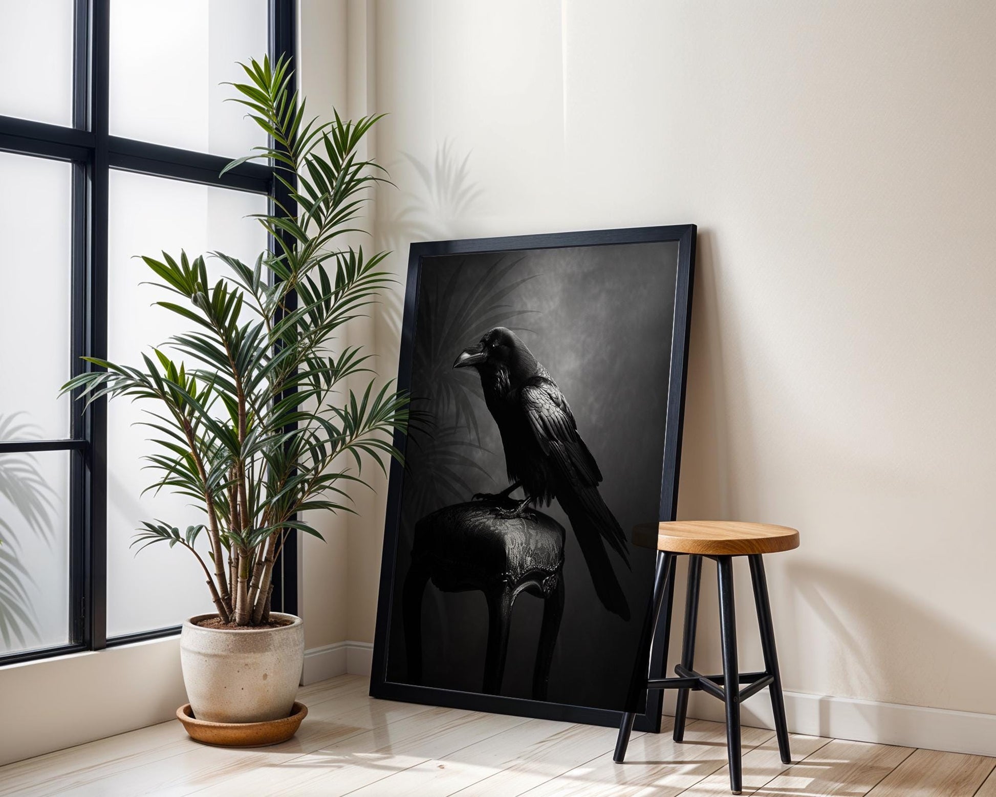 Raven on Antique Chair Art Print | Gothic Black and White Wall Decor wall art print, minimalist black and white poster, modern Scandinavian wall decor, Monohaus