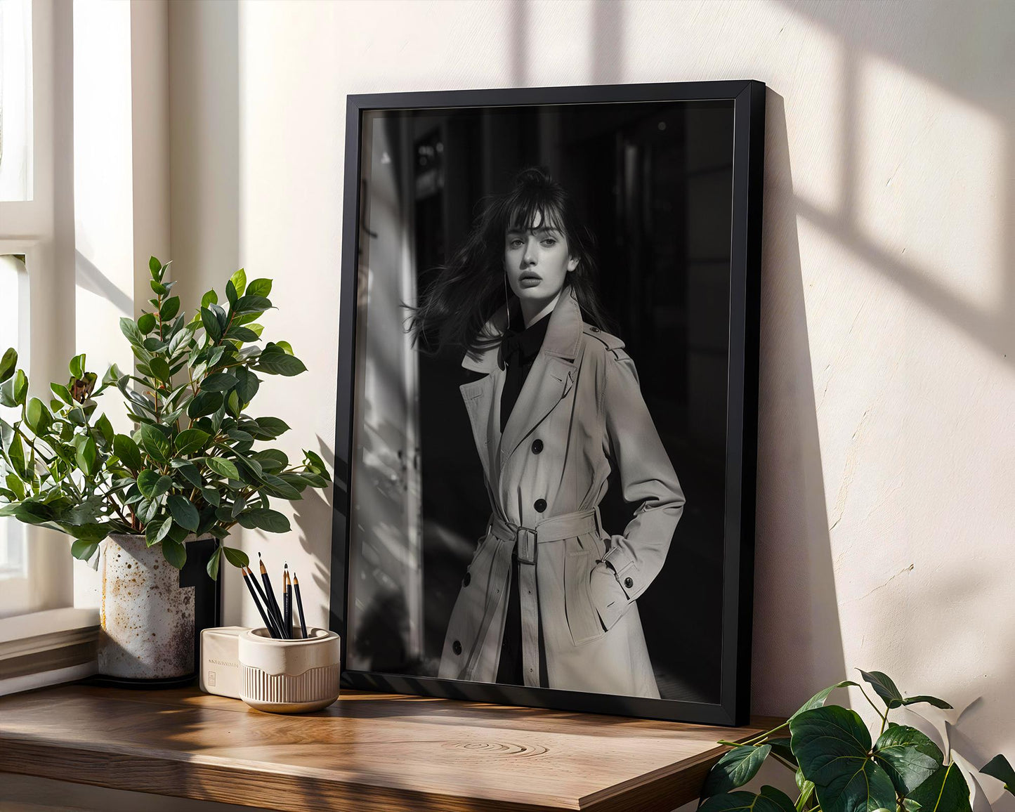 Minimal Wall Art Woman in Trench Coat Print | Black and White Minimalist Fashion Photo wall art print, minimalist black and white poster, modern Scandinavian wall decor, Monohaus