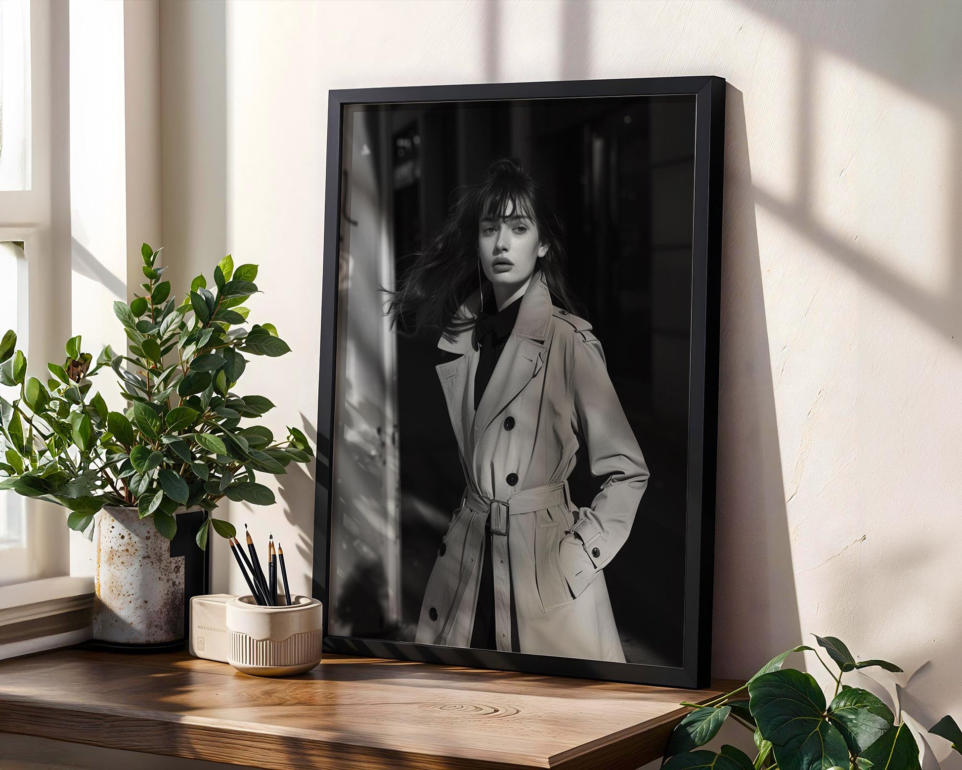 Minimal Wall Art Woman in Trench Coat Print | Black and White Minimalist Fashion Photo wall art print, minimalist black and white poster, modern Scandinavian wall decor, Monohaus