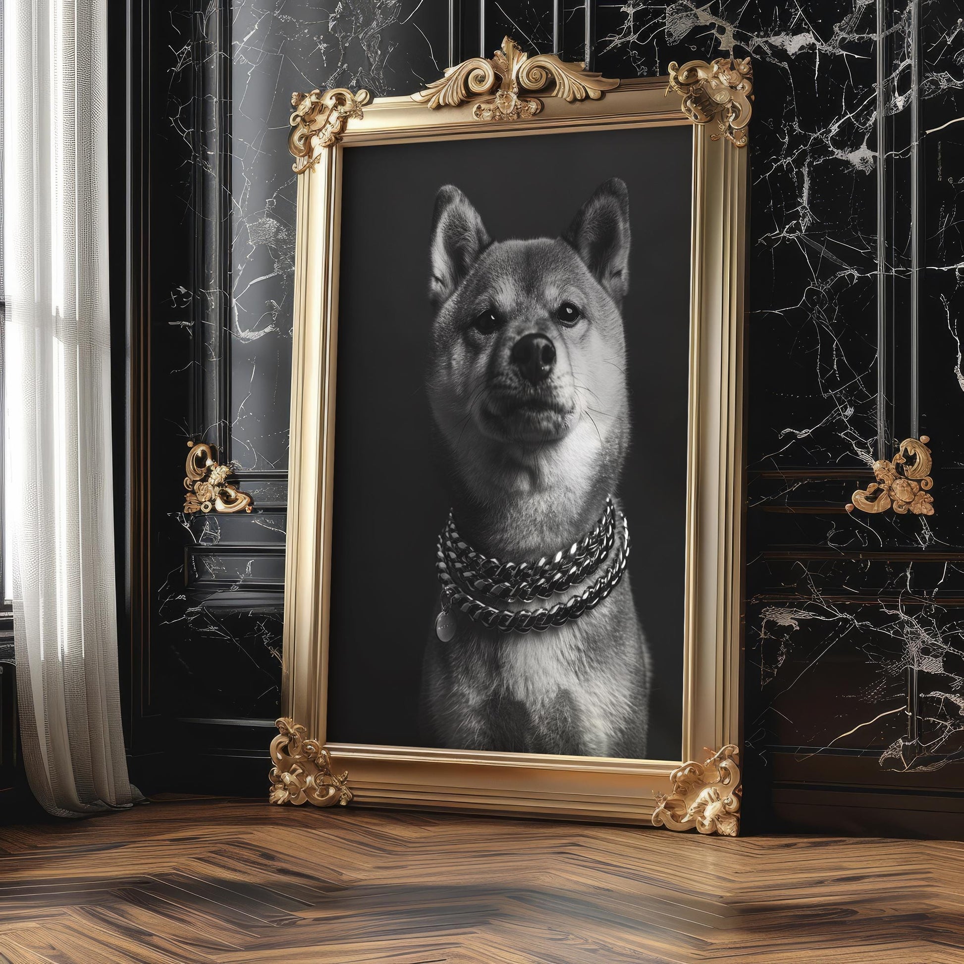 Dog Photography Shiba Inu Portrait Print | Black and White Pet with Chains wall art print, minimalist black and white poster, modern Scandinavian wall decor, Monohaus