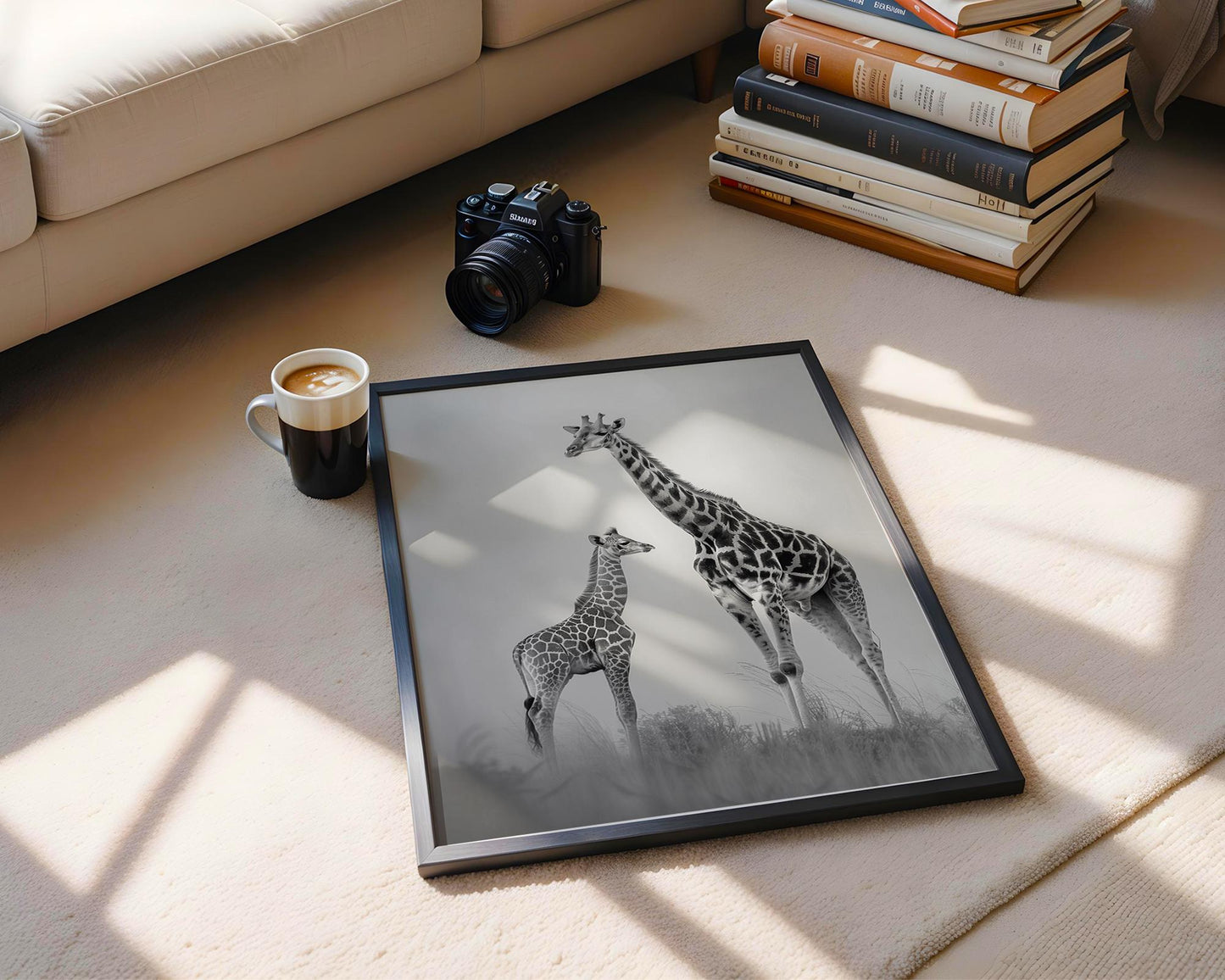 Wildlife Poster | Giraffe & Calf Print | Minimalist Black and White Photography wall art print, minimalist black and white poster, modern Scandinavian wall decor, Monohaus