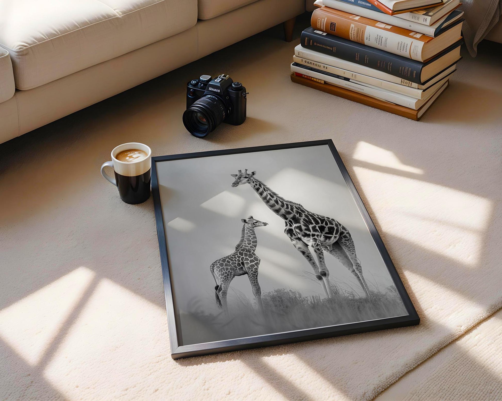 Wildlife Poster | Giraffe & Calf Print | Minimalist Black and White Photography wall art print, minimalist black and white poster, modern Scandinavian wall decor, Monohaus