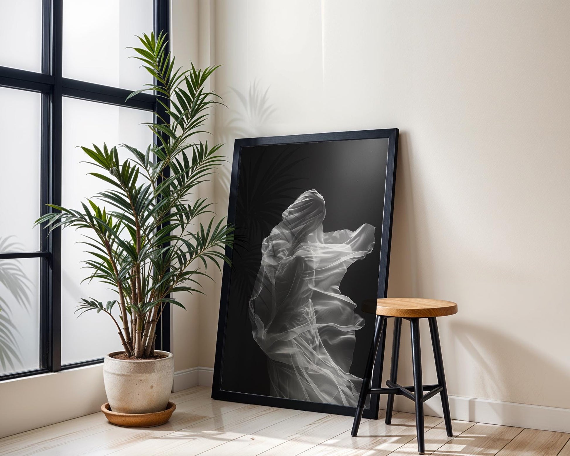 Minimal Wall Art Veiled Figure Art Print | Ethereal Photography, Dark Modern Decor wall art print, minimalist black and white poster, modern Scandinavian wall decor, Monohaus