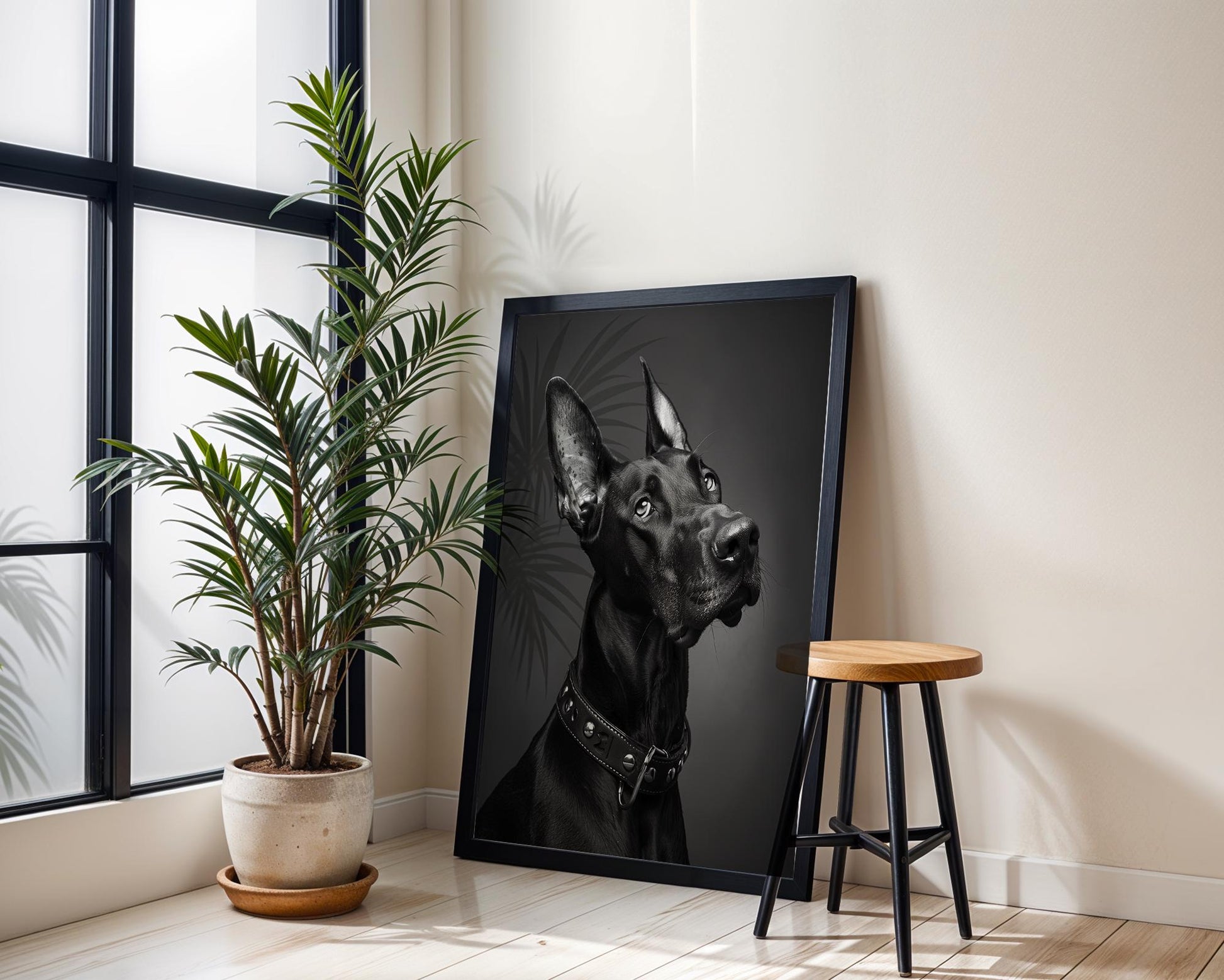 Dog Photography Doberman Print | Black Pet Portrait with Studded Collar wall art print, minimalist black and white poster, modern Scandinavian wall decor, Monohaus