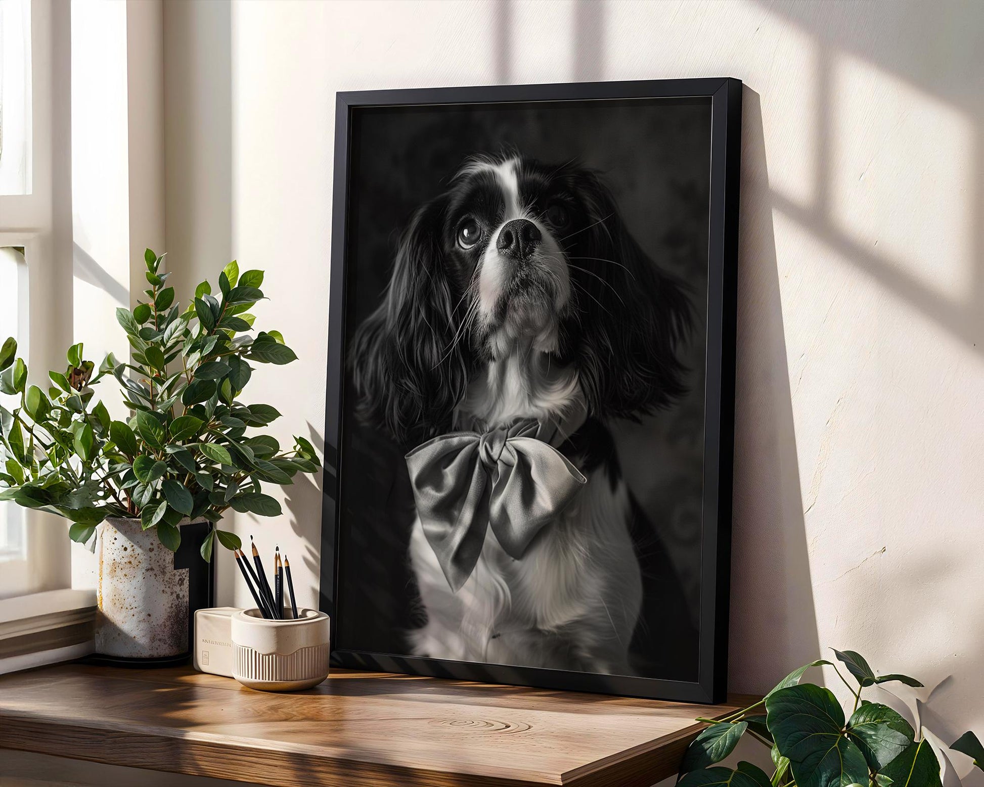 Dog Photography Black and White Cavalier Portrait | Bowtie Pet Art Print wall art print, minimalist black and white poster, modern Scandinavian wall decor, Monohaus