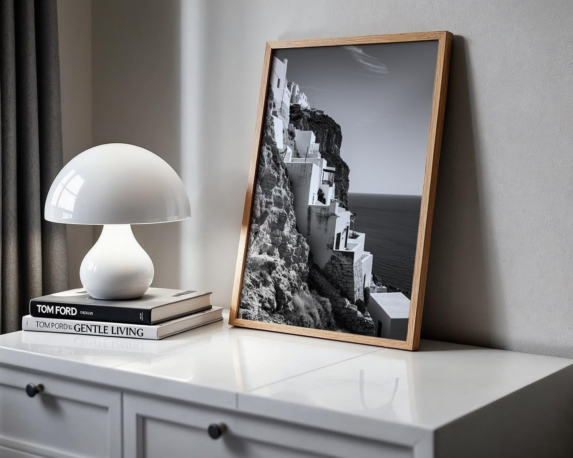 World Landmark | Santorini Cliff Houses Print | Black and White Greece Photography wall art print, minimalist black and white poster, modern Scandinavian wall decor, Monohaus