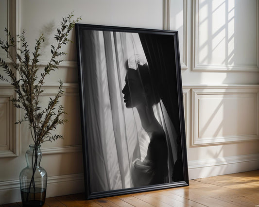 Minimal Wall Art Woman Silhouette Print | Gauzy Curtains, Black and White Fine Art wall art print, minimalist black and white poster, modern Scandinavian wall decor, Monohaus