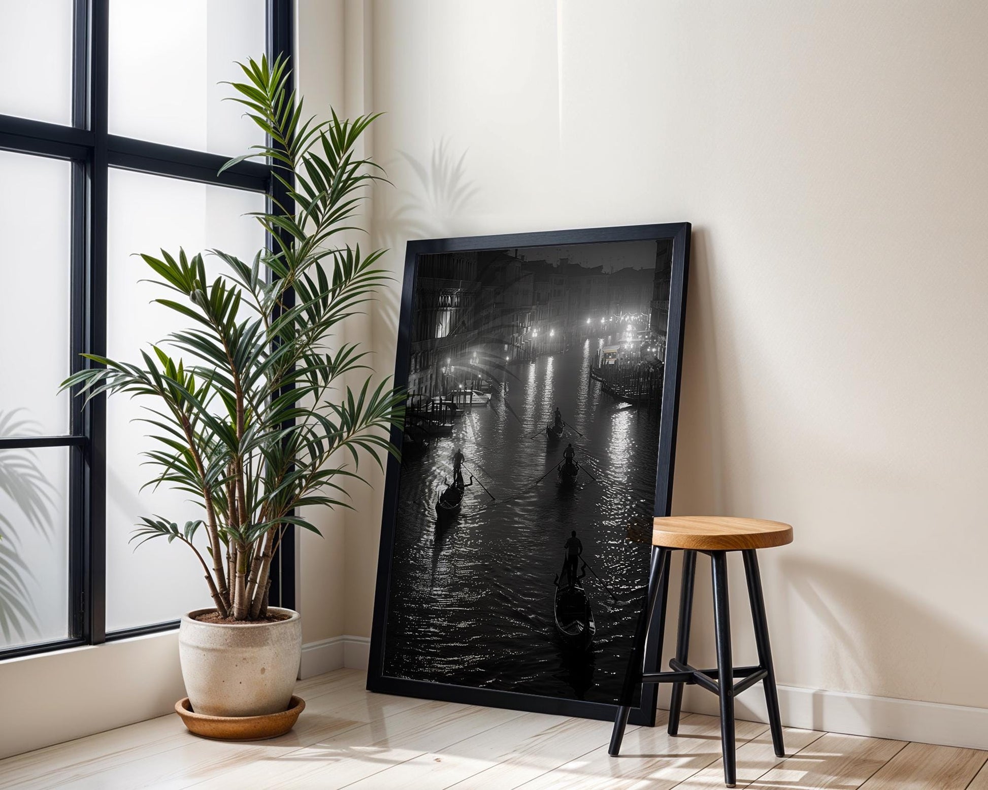 World Landmark | Venice Gondolas Night Print | Grand Canal Black and White Photography wall art print, minimalist black and white poster, modern Scandinavian wall decor, Monohaus