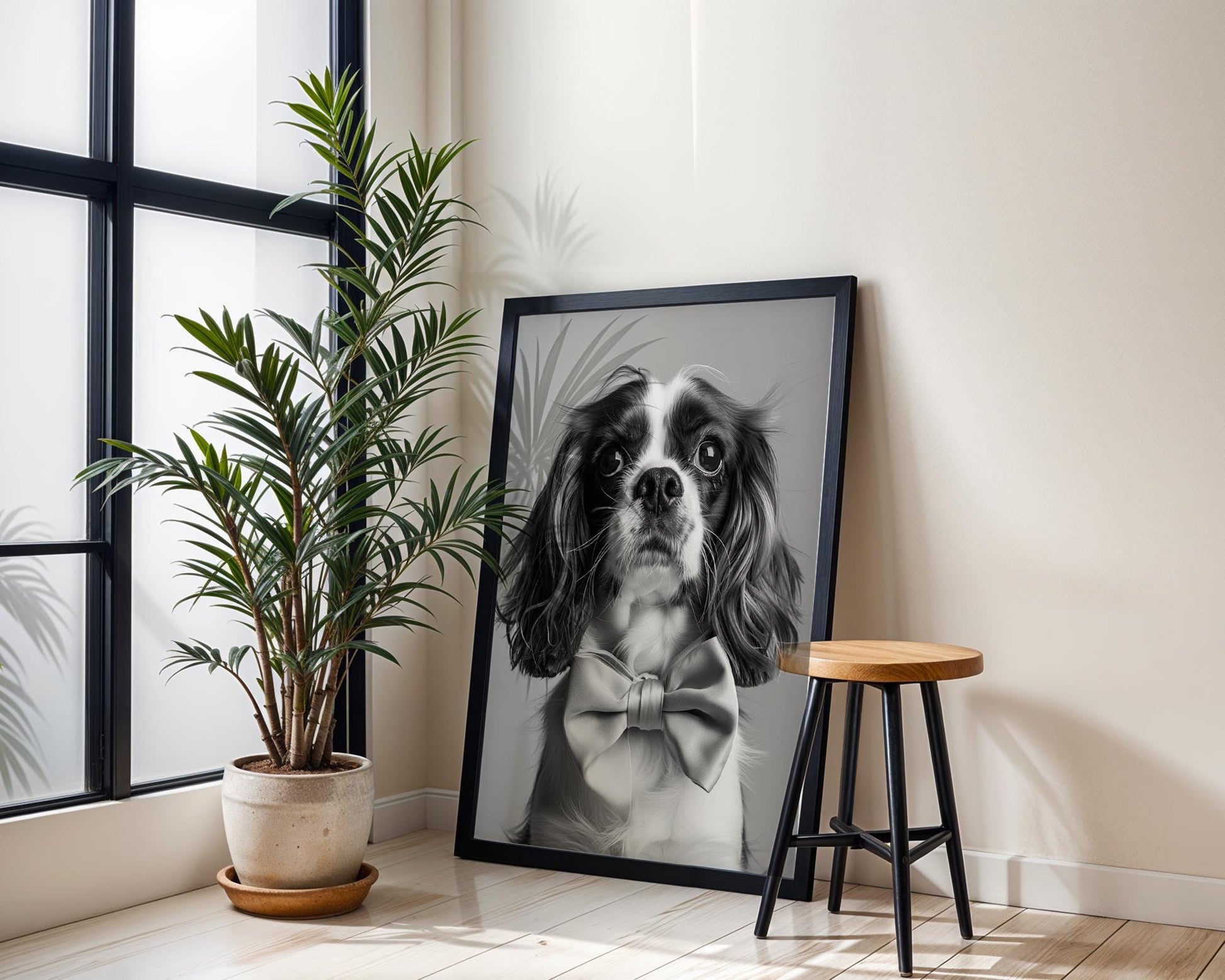 Dog Photography Cavalier Pet Portrait | Black and White Art with Bow Tie wall art print, minimalist black and white poster, modern Scandinavian wall decor, Monohaus