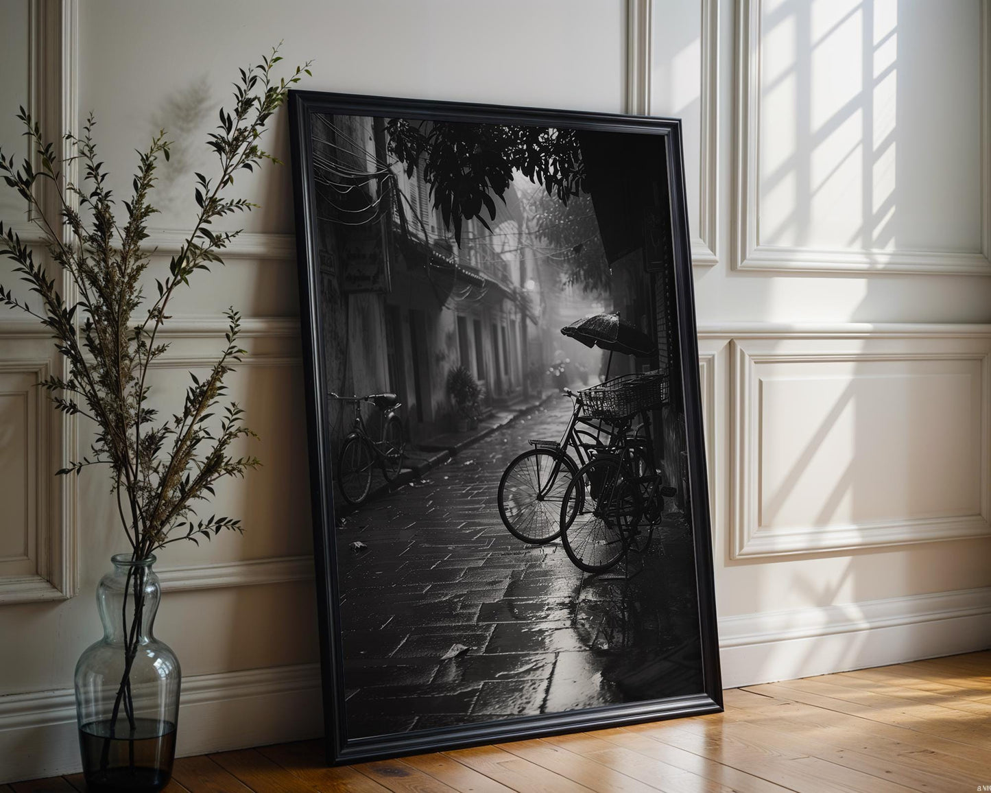 World Landmark | Vietnam Rainy Street Print | Black and White Bicycle Photography black and white photo print, minimalist monochrome wall art poster for modern interiors, Monohaus