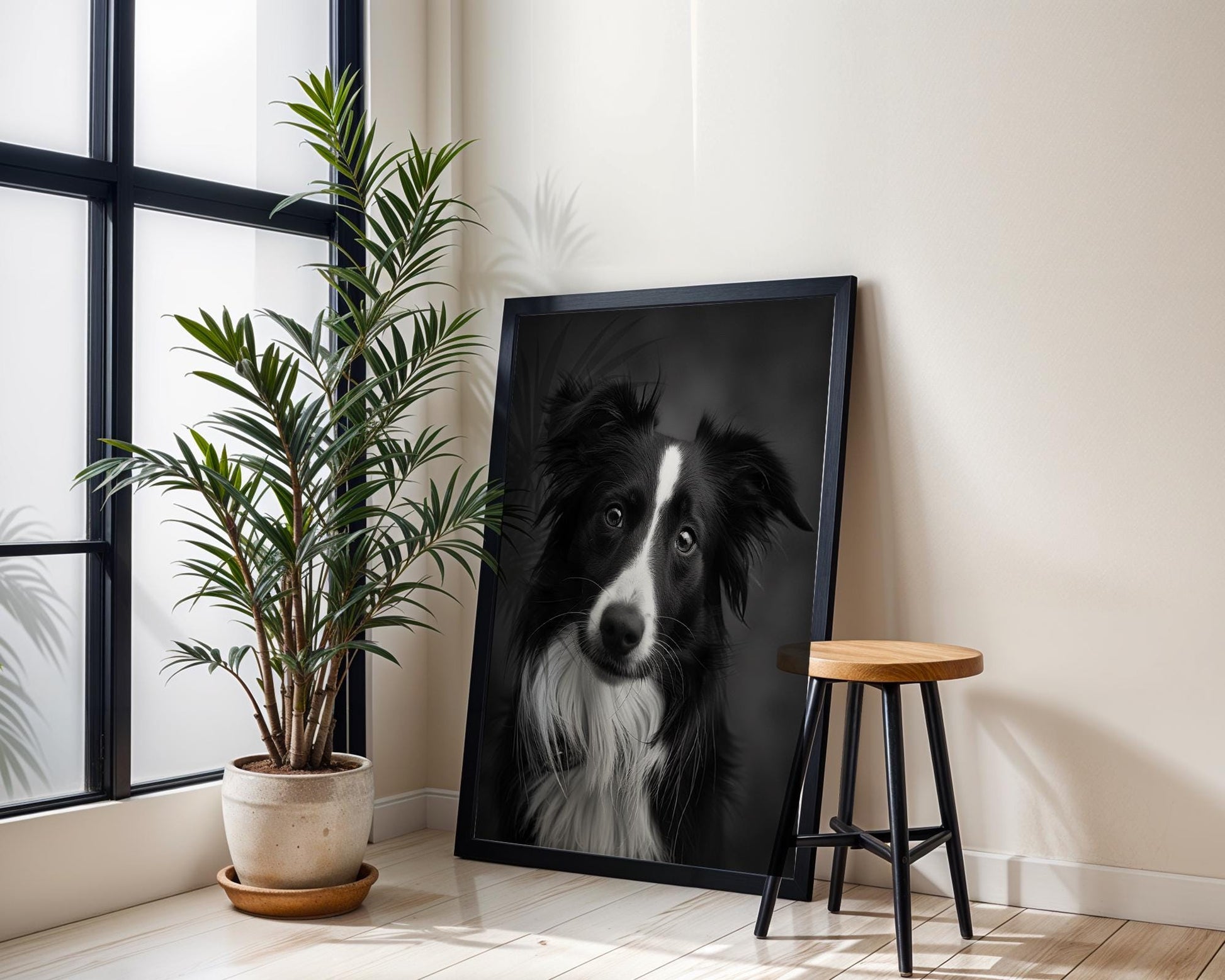 Dog Photography Border Collie Art Print | Minimalist Black and White Pet Portrait wall art print, minimalist black and white poster, modern Scandinavian wall decor, Monohaus
